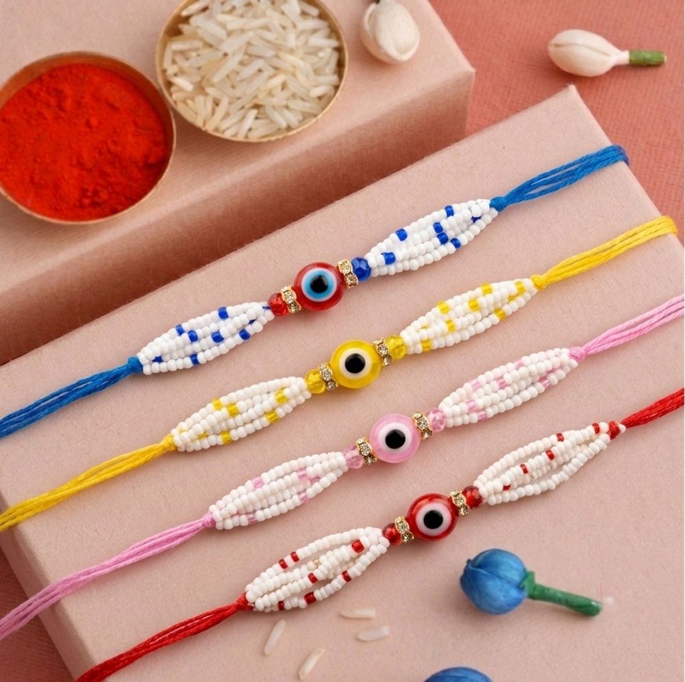 sc swastik creation Thread Handmade Evil Eye Rakhi for Brother | Premium Beaded Designer Rakhi Assorted Chawal Roli Pack Set-picture-11