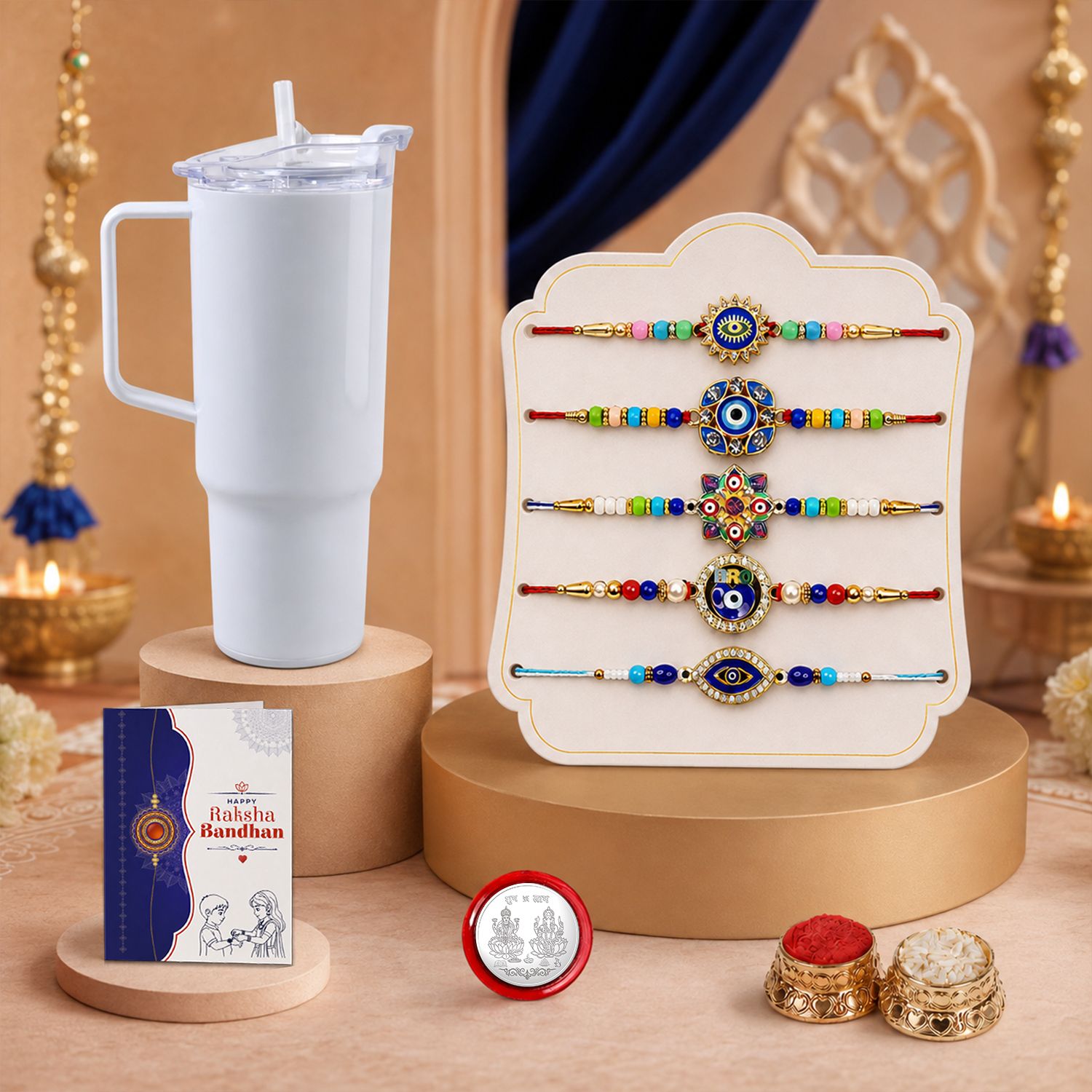 Designer Rakhi With Tumbler|Roli-chawal|Coin|Greeting Card_K5_NC552+11292 Assorted Rakhi Set-image-31