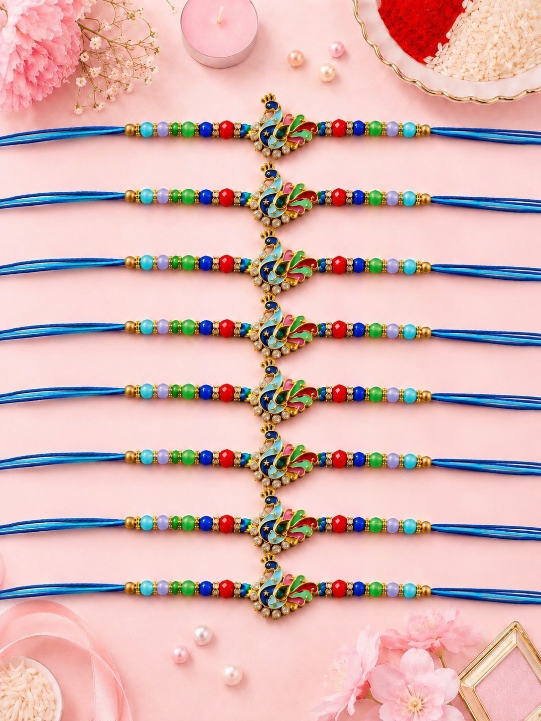 Designer Handmade Traditional Peacock Design Rakhi Set of 8 Colorful Raksha Bandhan Rakhi Mauli Thread Rakhi, Chawal Roli Pack, Greeting Card Set-image-19