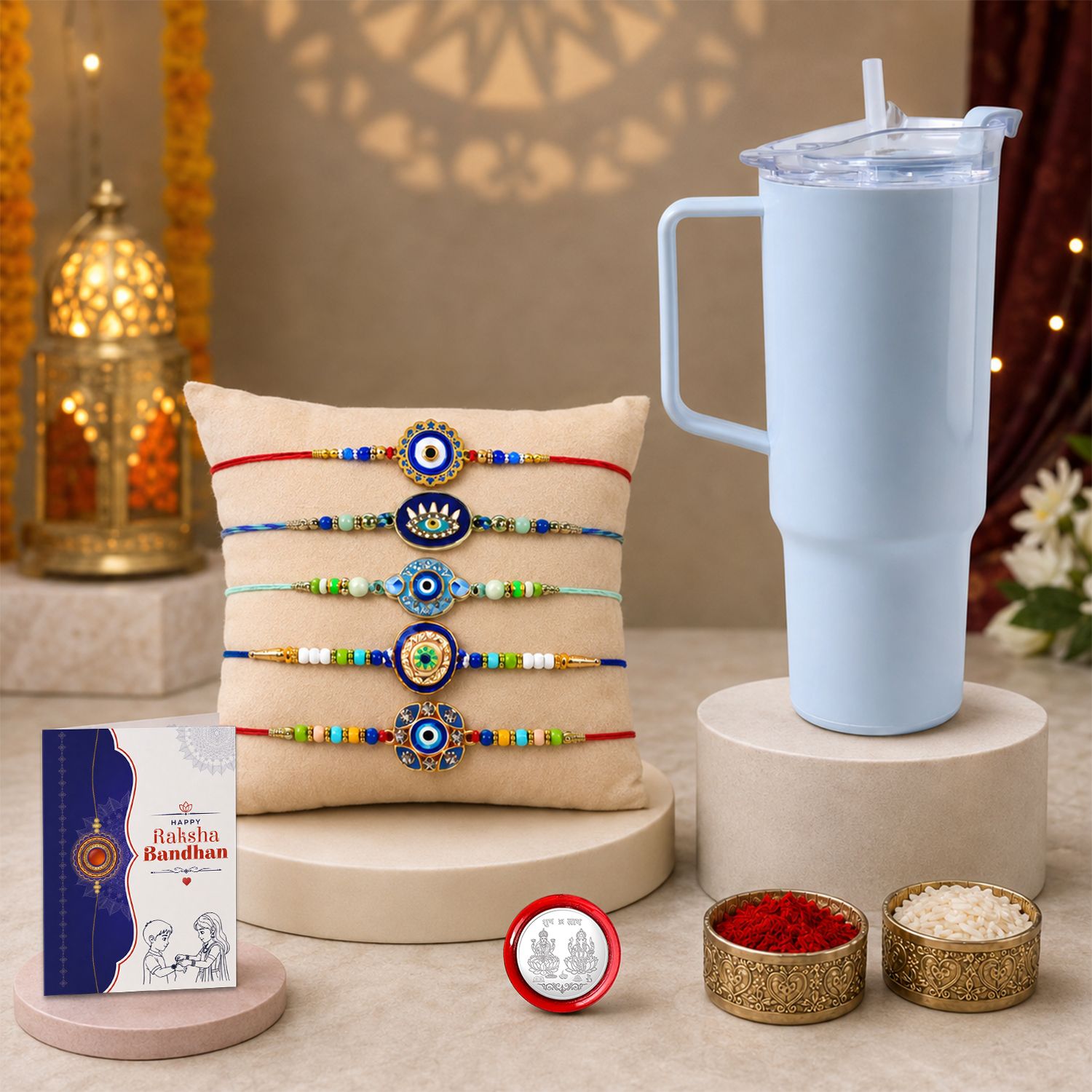 Designer Rakhi With Tumbler|Roli-chawal|Coin|Greeting Card_K5_NC547+11292 Assorted Rakhi Set-image-27