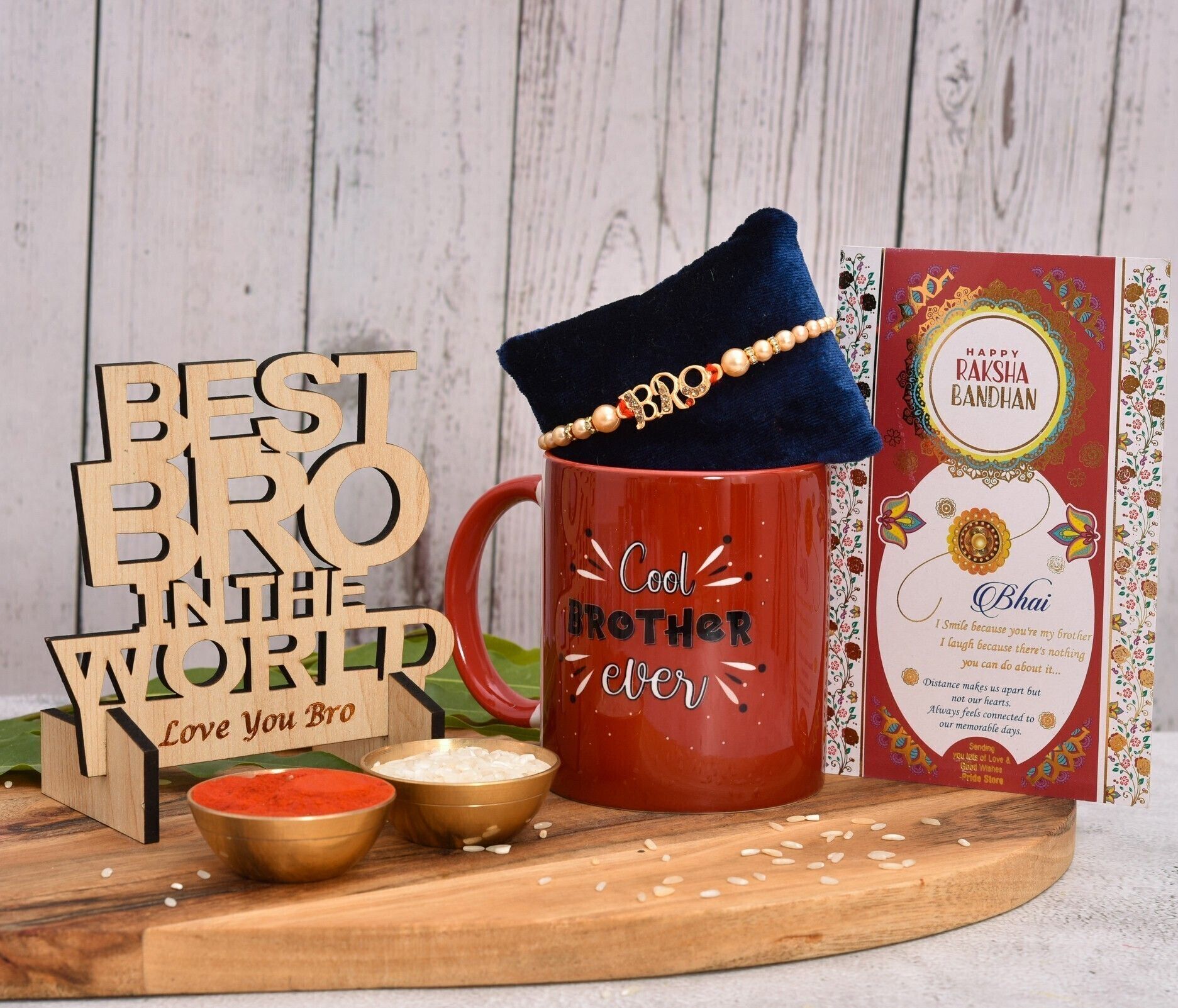Designer Cool Bro Ever Mug With Bro Rakhi And Wooden Showpiece Rakhi Gift Set For Brother Mauli Thread Rakhi, Greeting Card, Showpiece, Mug, Chawal Roli PackSet-image-49
