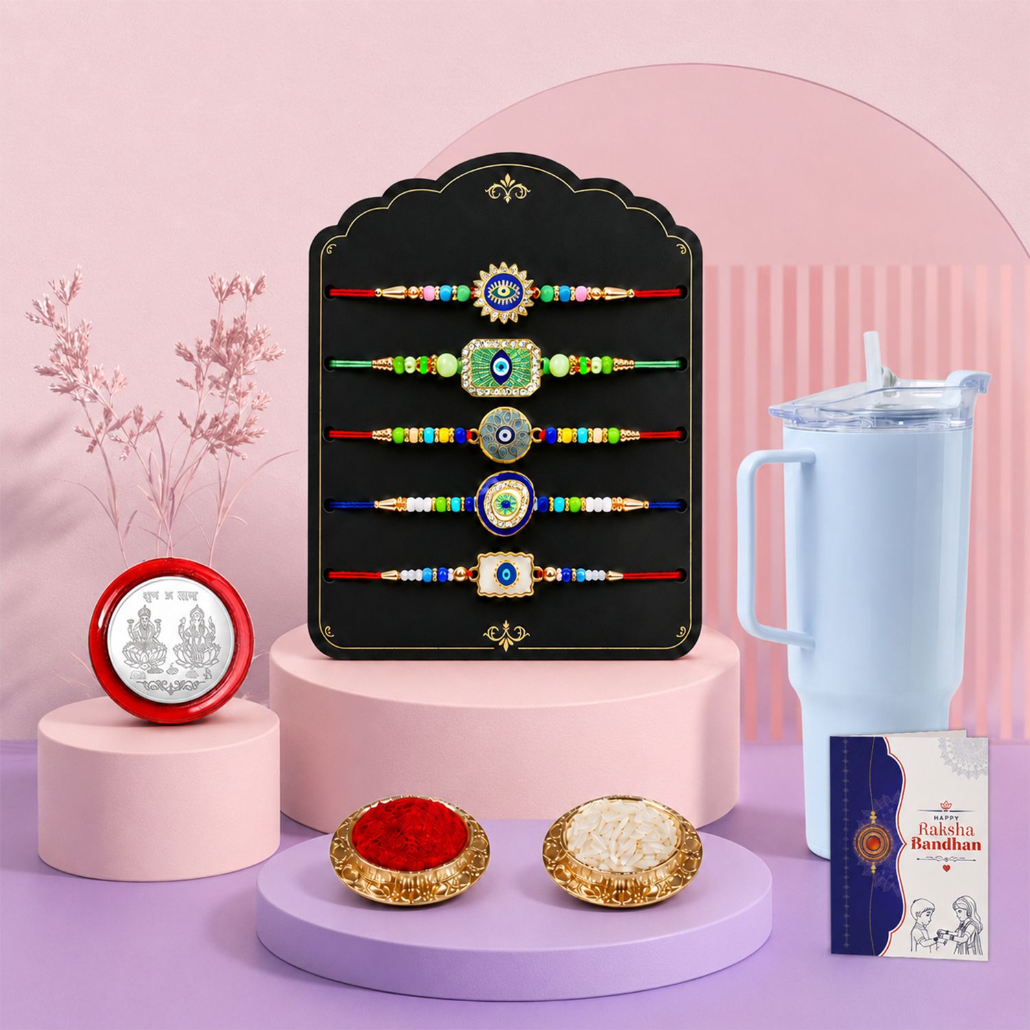 Designer Rakhi With Tumbler|Roli-chawal|Coin|Greeting Card_K5_NC545+11292 Assorted Rakhi Set-image-30