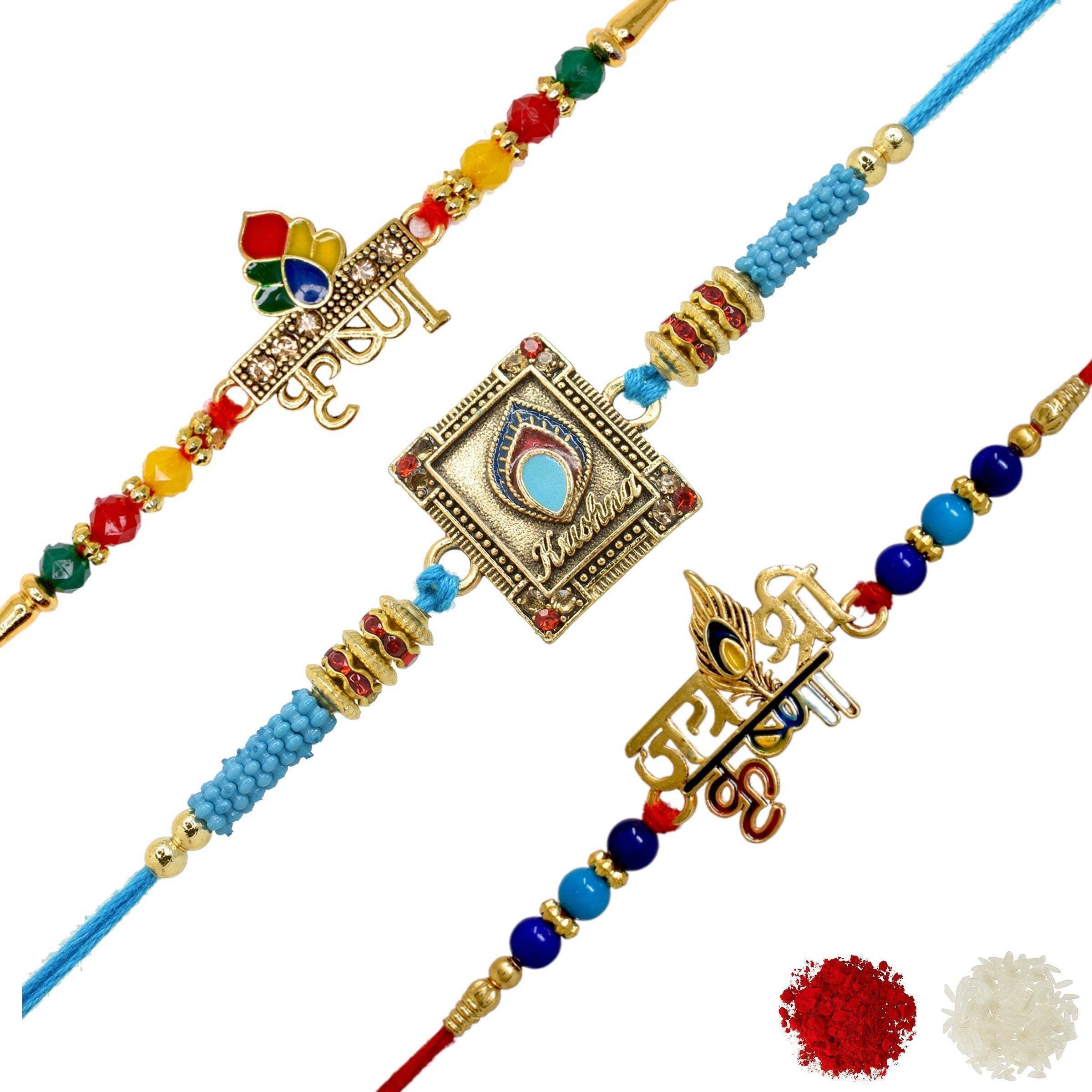 meira jewellery Religious Combo-1254 Gold Finish Rakhi, Greeting Card, Chawal Roli Pack Set-picture-17