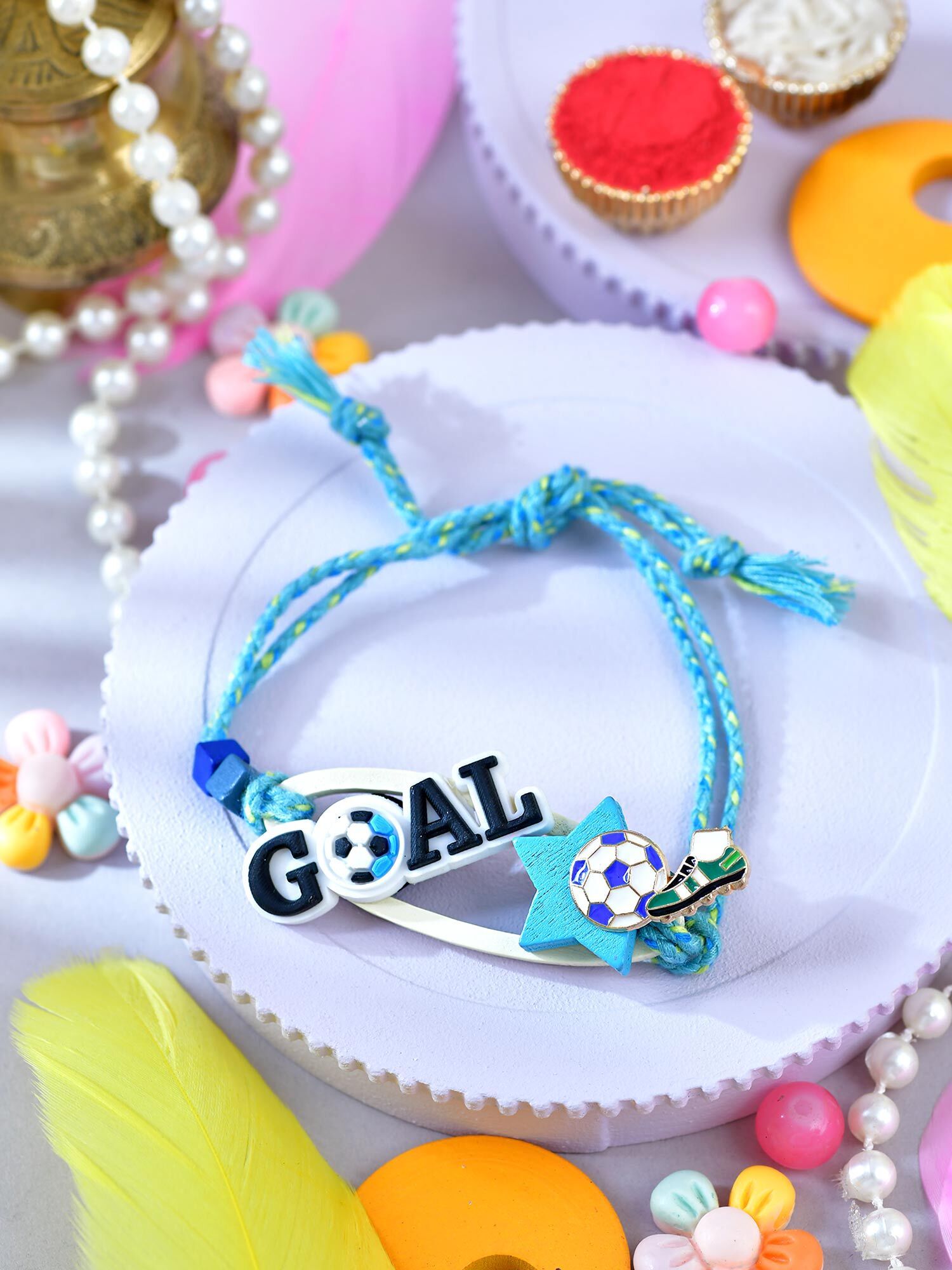 asthetika kids Bracelet Football Goal Rakhi with Roli Chawal Mauli Thread Chawal Roli Pack Set-picture-10