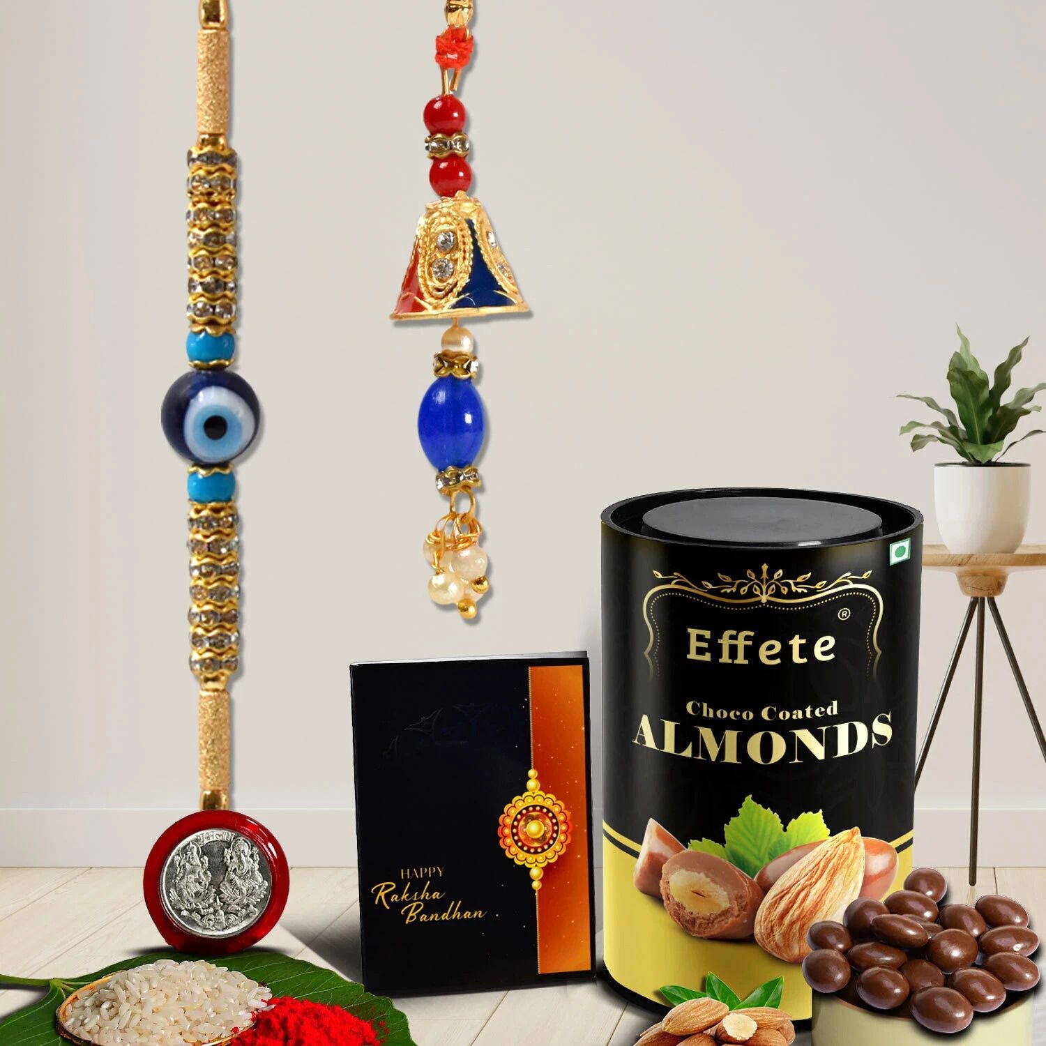 Bhaiya Bhabhi Rakhi Combo with Chocolate Almond(96gm)|Rakhi for Bhaiya/Bhabhi |K1_453_CA_Y24 Assorted Rakhi, Chawal Roli Pack, Coins, Greeting Card Set-image-23