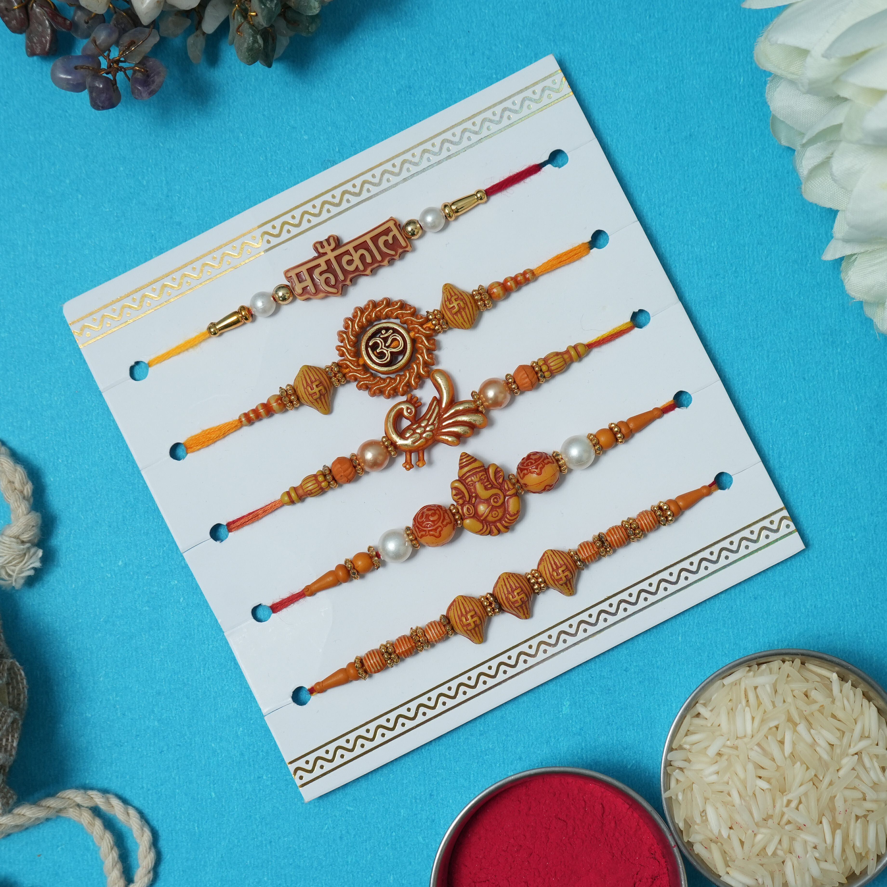Designer NR01- UNIQUE DESIGNER RAKHI FOR BEST BROTHER RAKHI (A) PACK OF 5 Assorted Rakhi, Greeting Card, Chawal Roli Pack Set-image-13