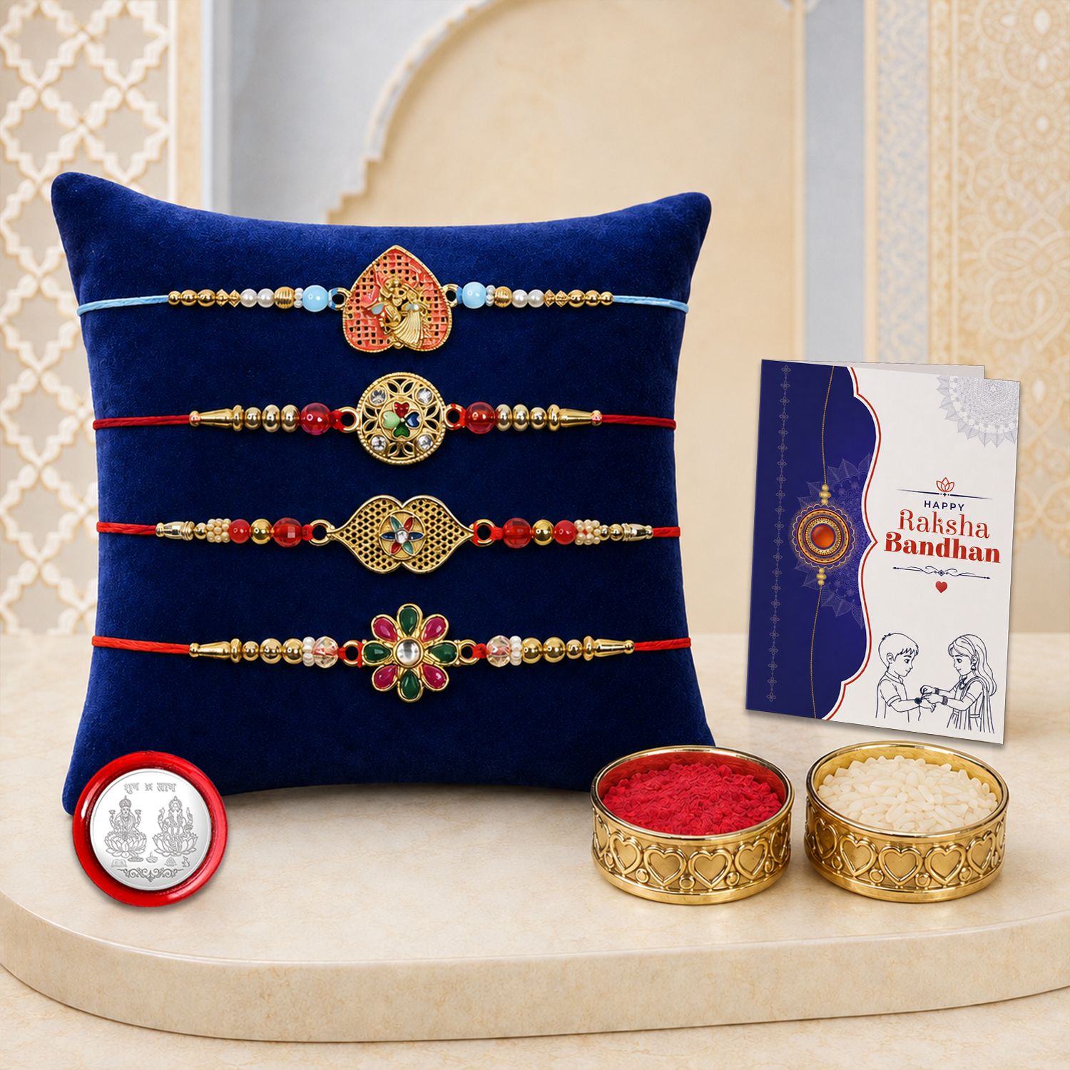 Designer Rakhi With Rakhi|Roli-chawal|Coin|Greeting Card_K4_1190+1187+1225+1156 Assorted Rakhi Set-image-10