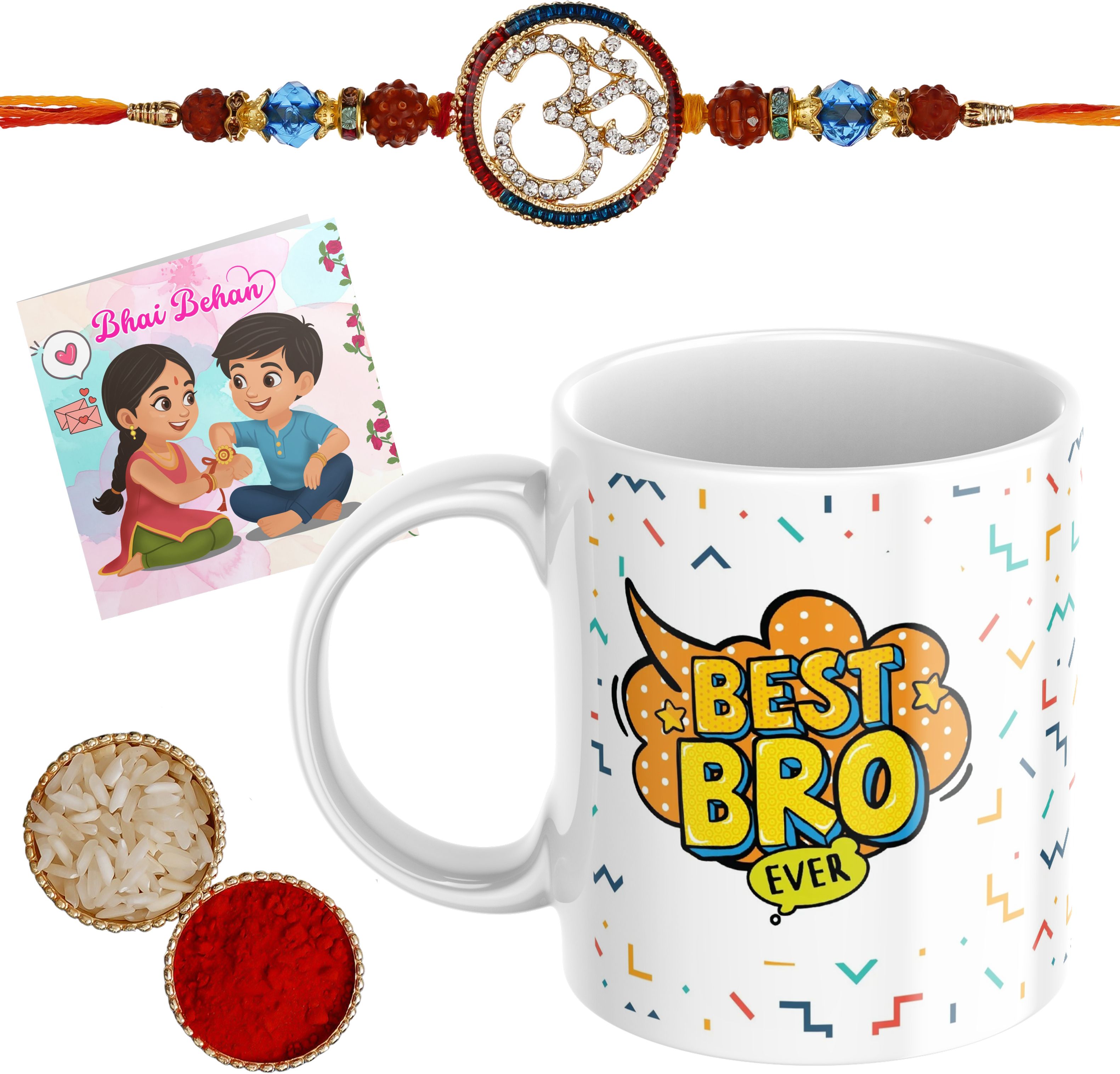 masun Designer Rakhi & Coffee Mug Gift Set for Brother | Pack of 4 Bro501_RKI21 Assorted Chawal Roli Pack, Greeting Card, Rakhi, Mug Set-picture-13