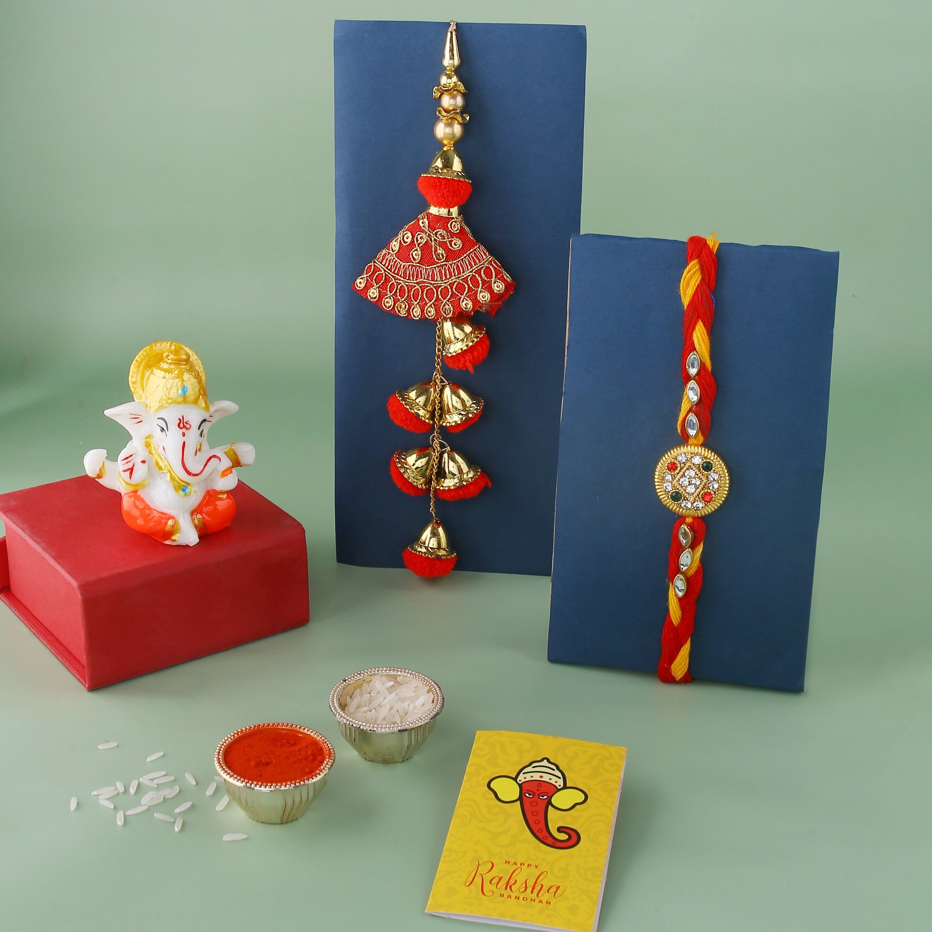 Bhaiya Bhabhi Rakhi Gift for Brother and Bhabhi with Ganesha Idol Showpiece Kundan RakhiSet-image-2