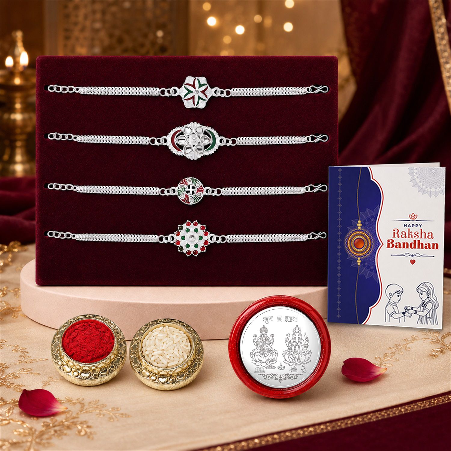 Designer Rakhi With Rakhi|Roli-chawal|Coin|Greeting Card_K4_A9+A1+A36+A33 Assorted Rakhi Set-image-38
