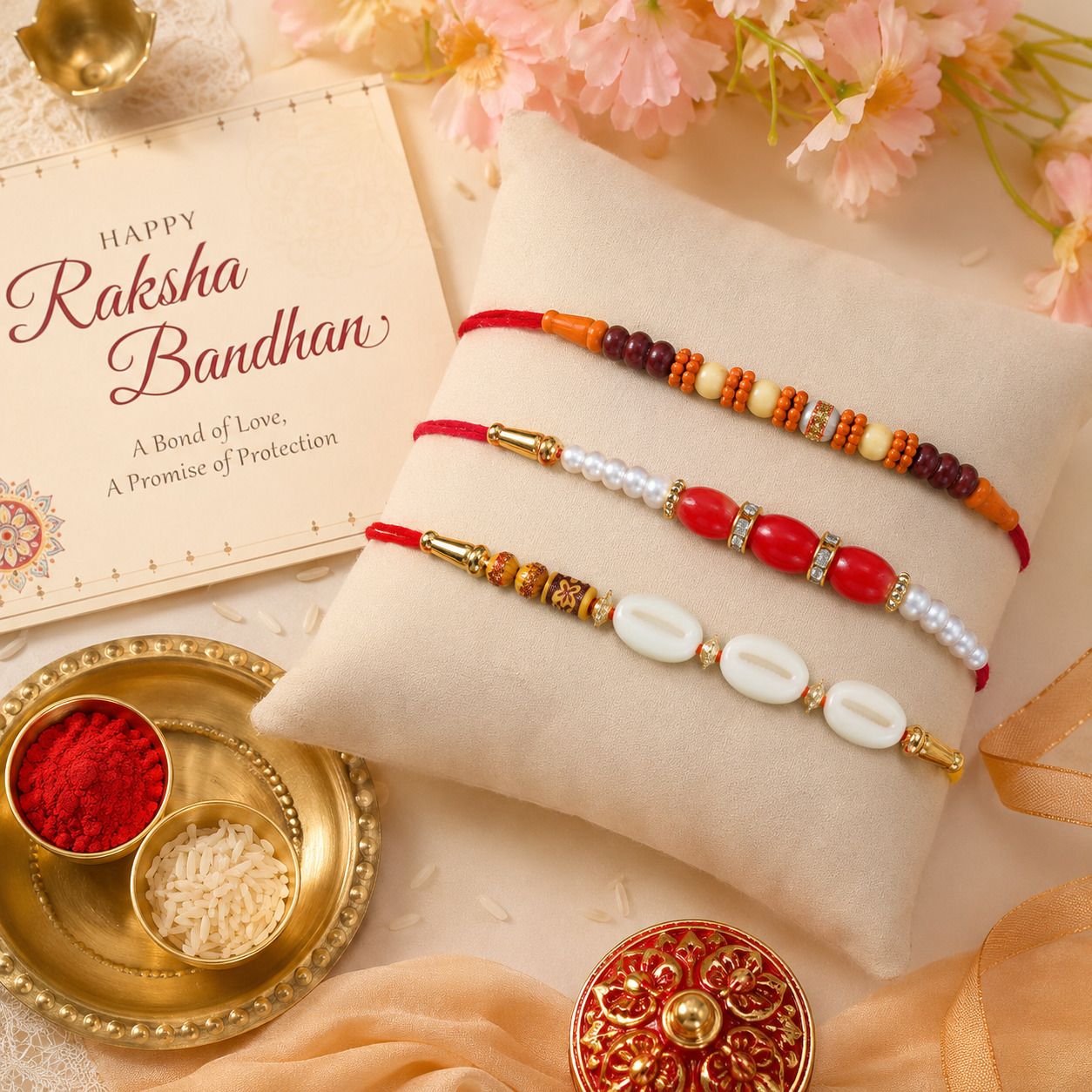 dinru Religious 3 Designer Beaded Rakhi Set for Brother Group04-Three New7 Assorted Chawal Roli Pack, Greeting Card, Rakhi Set-picture-29