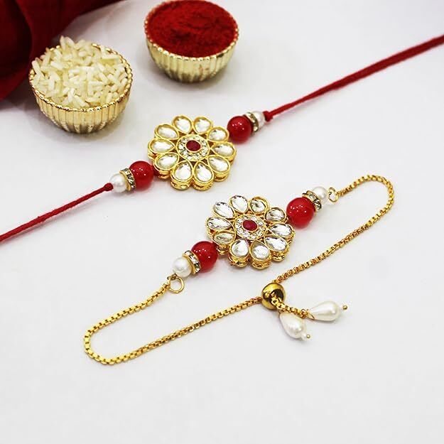 comelyns Bhaiya Bhabhi CN-RAKHI202 Kundan Bracelet, Chawal Roli Pack, Greeting Card, Lumba, Rakhi Set-picture-27