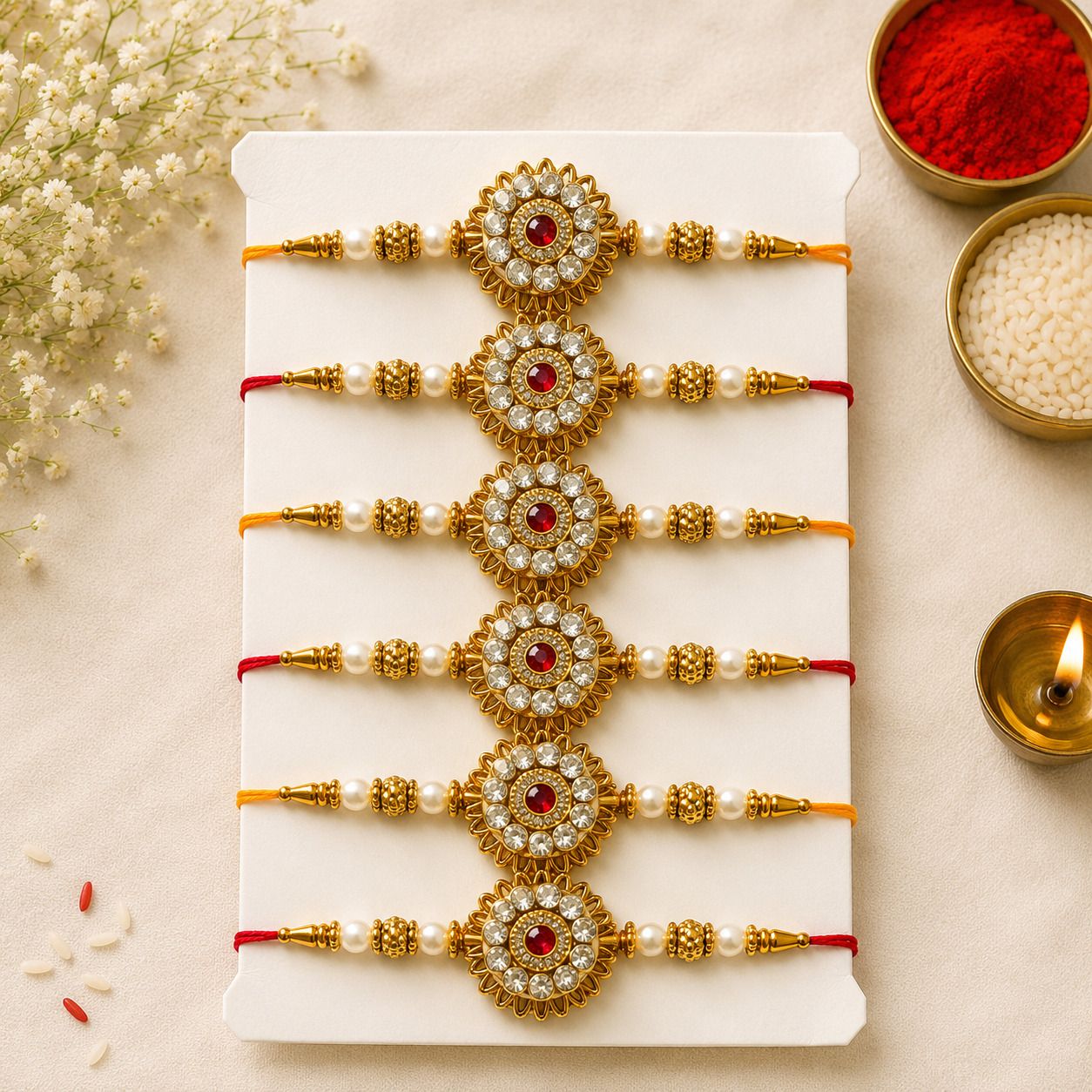lact enterprise Designer 6 PEC Golden Kundan Rakhi Assorted Chawal Roli Pack Set-picture-9