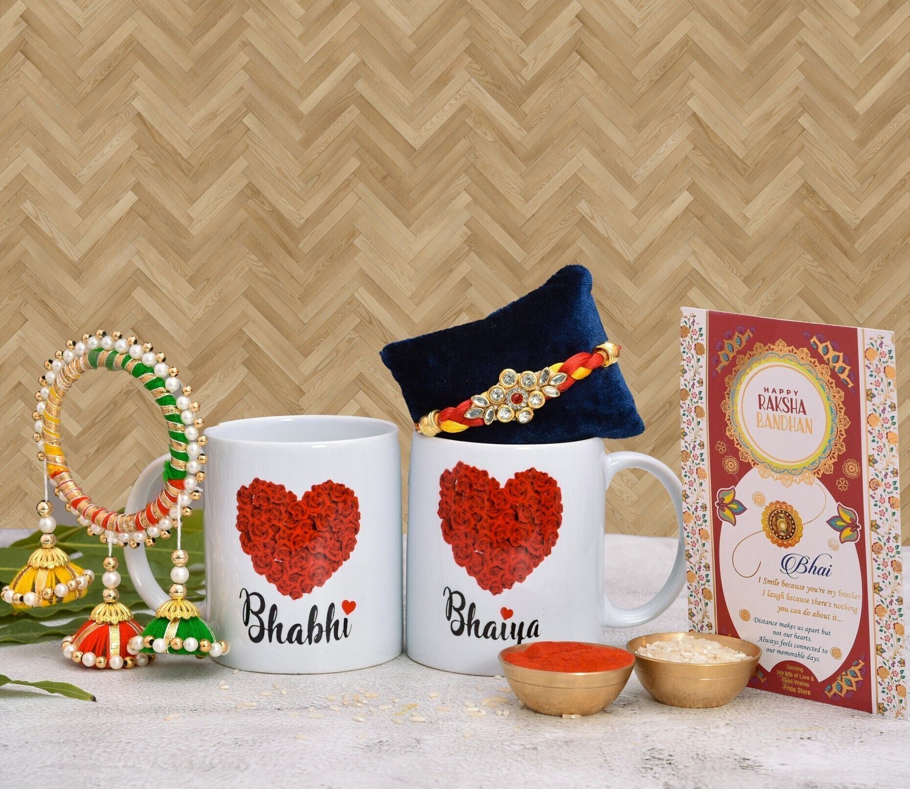 Thread Cute Combo for Bhaiya-Bhabhi with Stylish Heart Printed Mugs, Rakhis & RakhiCard Mauli Thread, Gold Finish, Pearl Rakhi, Greeting Card, Mug, Greeting CardSet-image-37