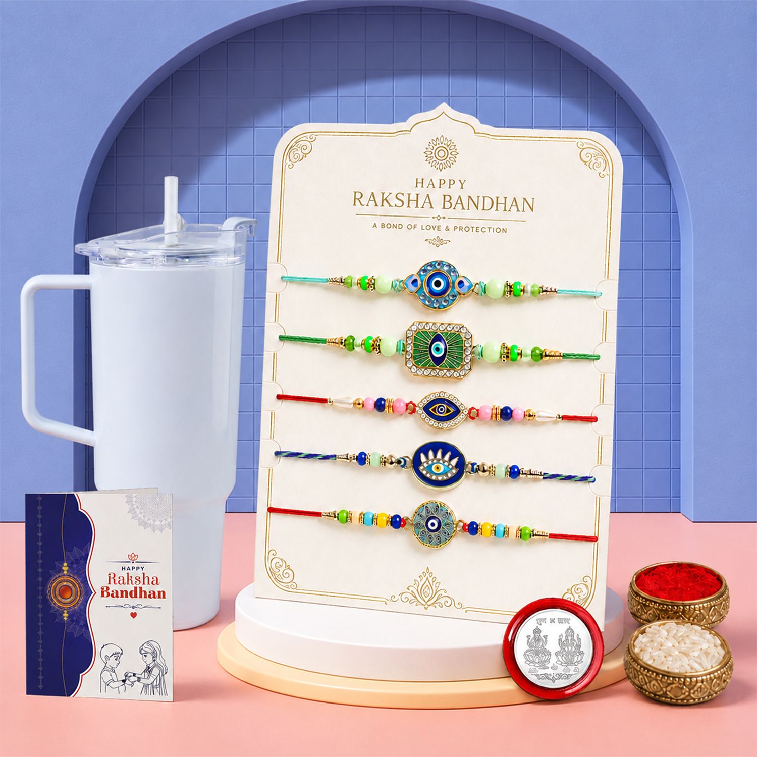 Designer Rakhi With Tumbler|Roli-chawal|Coin|Greeting Card_K5_NC544+11292 Assorted Rakhi Set-image-32