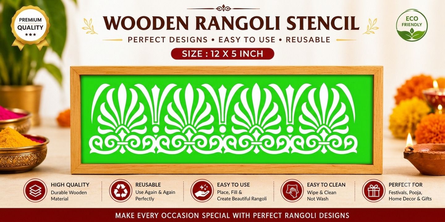 R.K. Raju & Co. Wooden Rangoli Stencil 12x5 Inch Border Reusable Frame Jali Rangoli Stencil-image-10