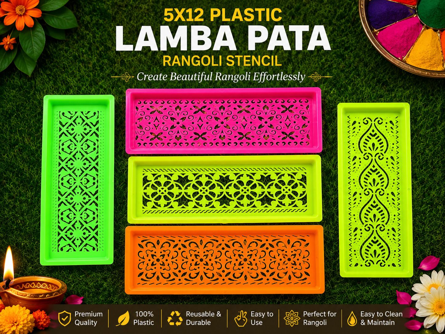 r.k.raju & co. R.K. Raju & Co. Plastic Lamba Pata Rangoli Stencil Trays (5x12 Inch, Pack of 5) Rangoli Stencil-picture-36