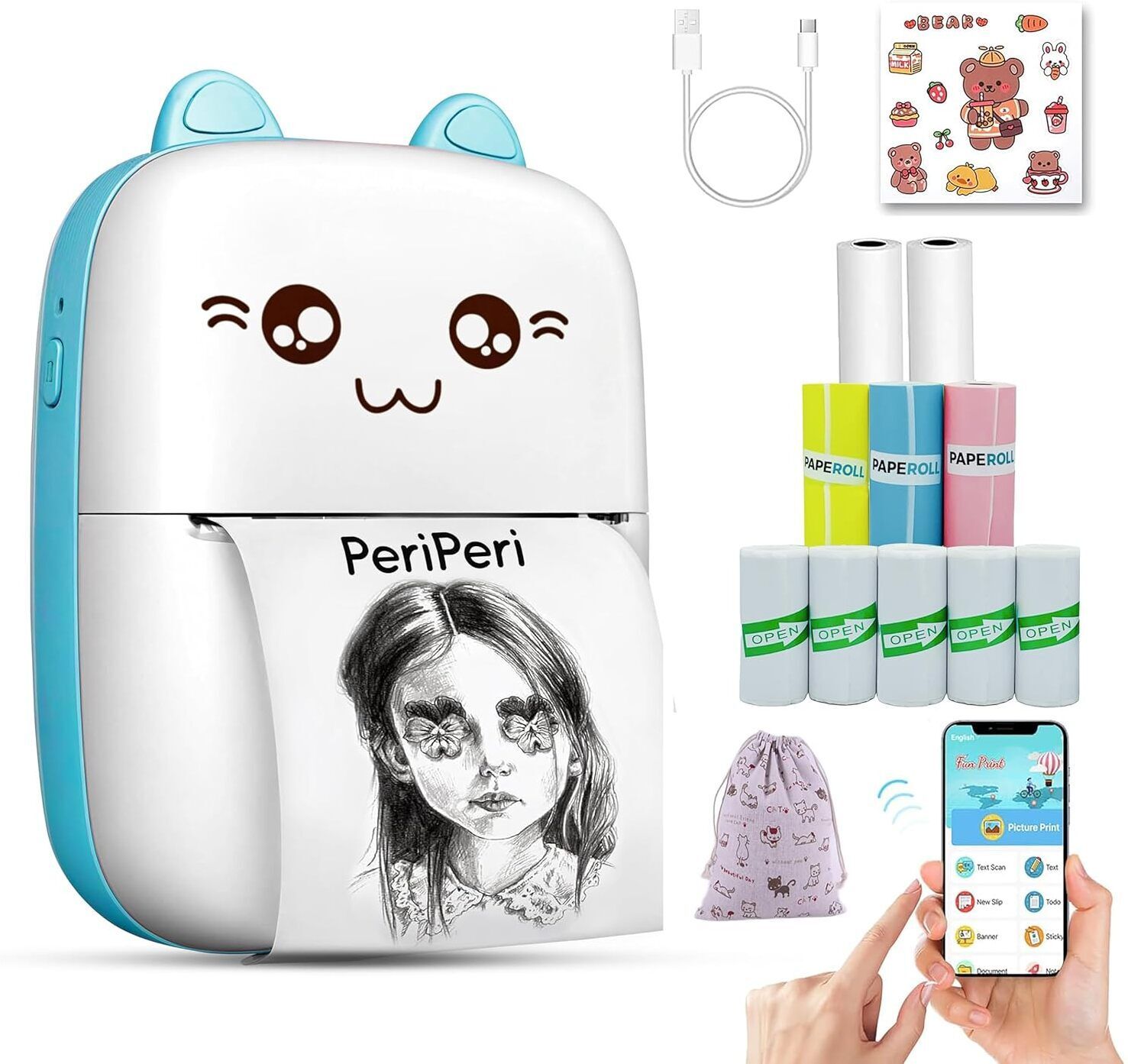 PeriPeri C6 Gift Box Blue Mini Inkless Bluetooth Pocket Printer with Pouch,10 Rolls Thermal Receipt Printer-image-2