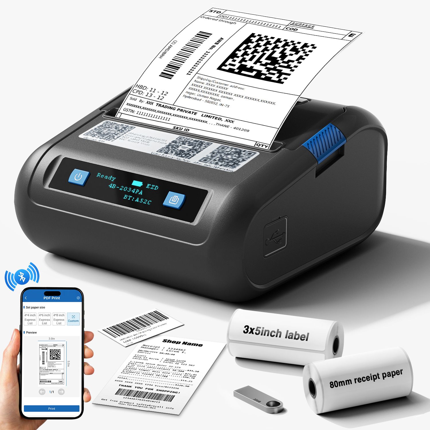 HiRobot Portable 3Inch Thermal Label Printer+80mm Receipt Printer 2in1, Adjustable Size Thermal Receipt Printer