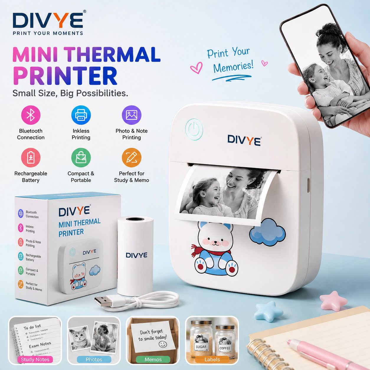 DIVYE Portable Bluetooth Thermal Printer, Inkless Mini Photo & Receipt Printer Thermal Receipt Printer-image-48
