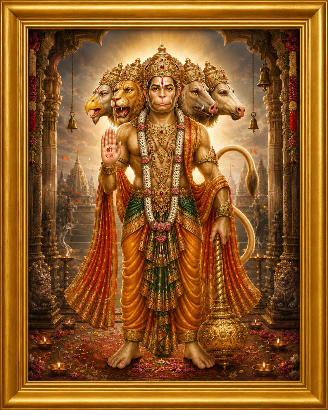SUNINOW Panchmukhi Hanuman Gold Religious Frame for Pooja Room Religious Frame-image-1