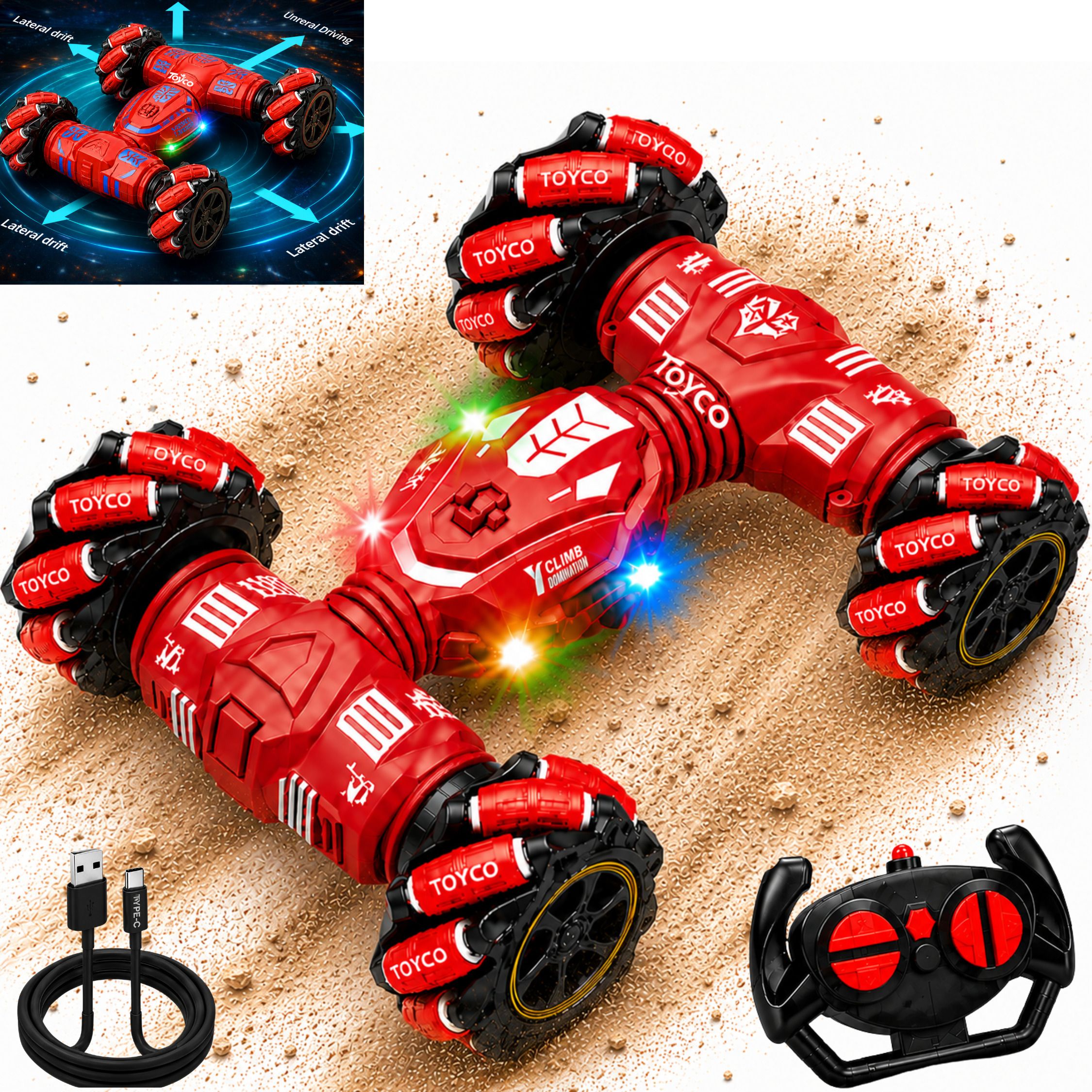 toyco 2.4GHz Drift Stunt Rechargeable 4WD Off-Road 360° Rotating Remote Car for Kids-picture-17