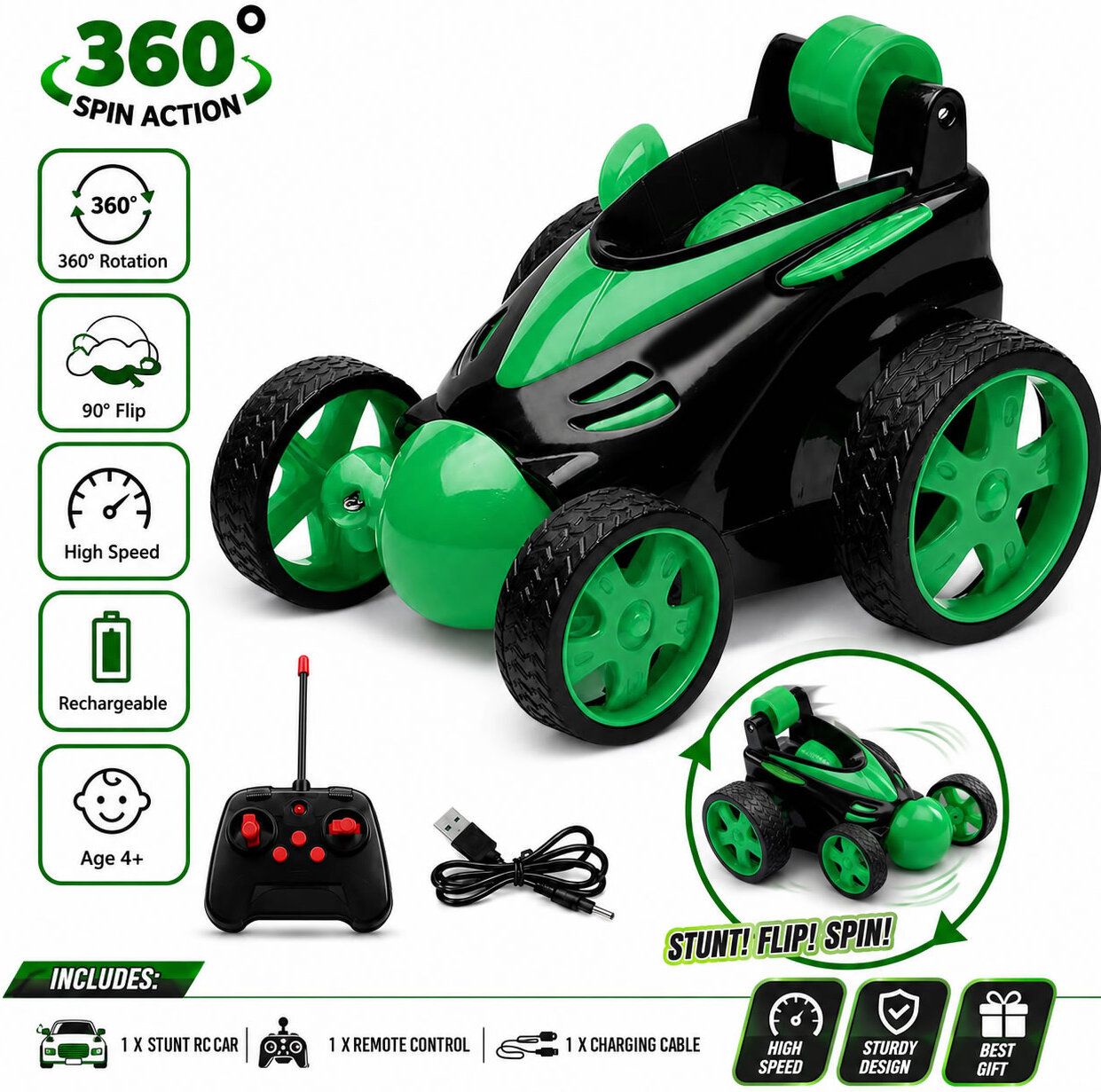 aadi racing fun Gooyo Remote Control Stunt Car 360° Rotation Green 1:24 Scale-picture-36
