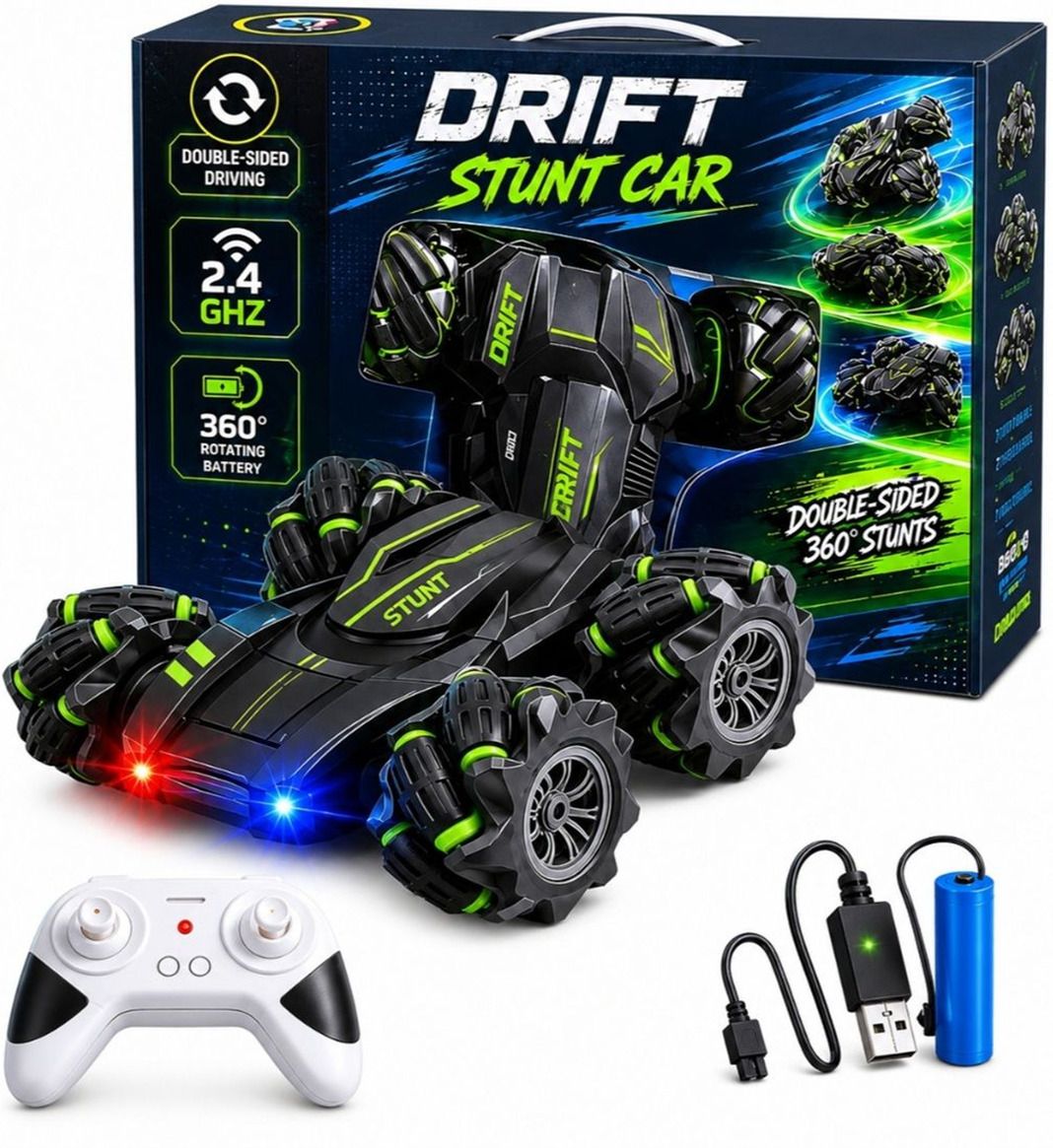 360° Rotating Remote Control Stunt Car with LED Lights for Kids-image-6
