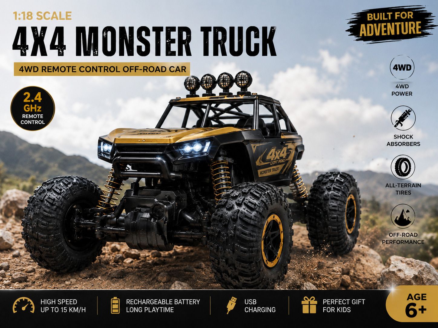 msk 2.4GHz 4WD RC Rock Crawler Off-Road Remote Control monster truck (Gold & Black)-picture-1