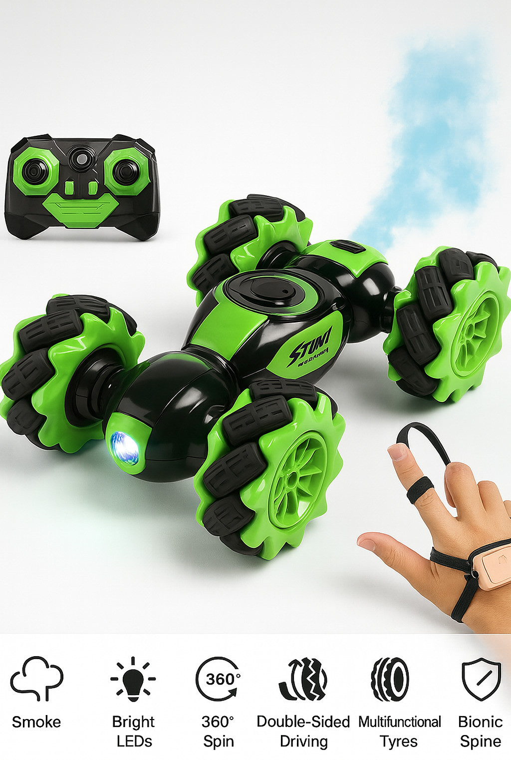 nexgen_toys Gesture Control RC Stunt Car with Smoke, LED Lights & 360° Spin image 1