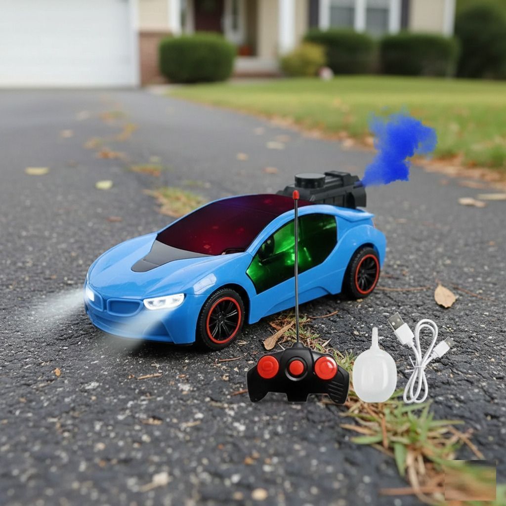 Blue Rechargeable RC Stunt Car with Smoke System & Flashing 3D Lights for Kids-image-8
