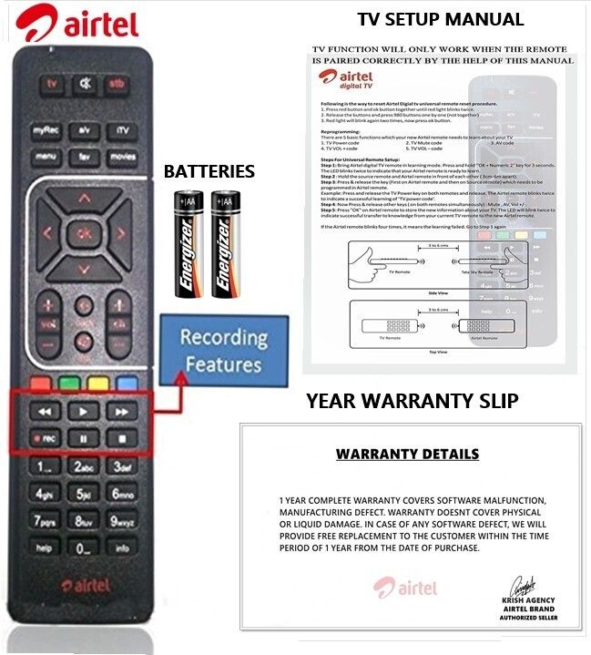 Airtel 100% Original HD Recording Universal (Works With All Tv) Airtel DTH Remote Controller