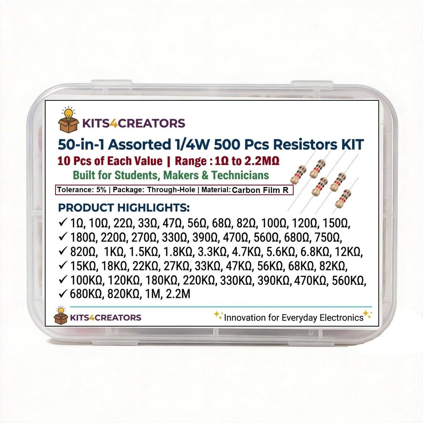 50-in-1 Assorted 1/4W 500 Pcs Resistors Kit Fixed Resistor-image-48