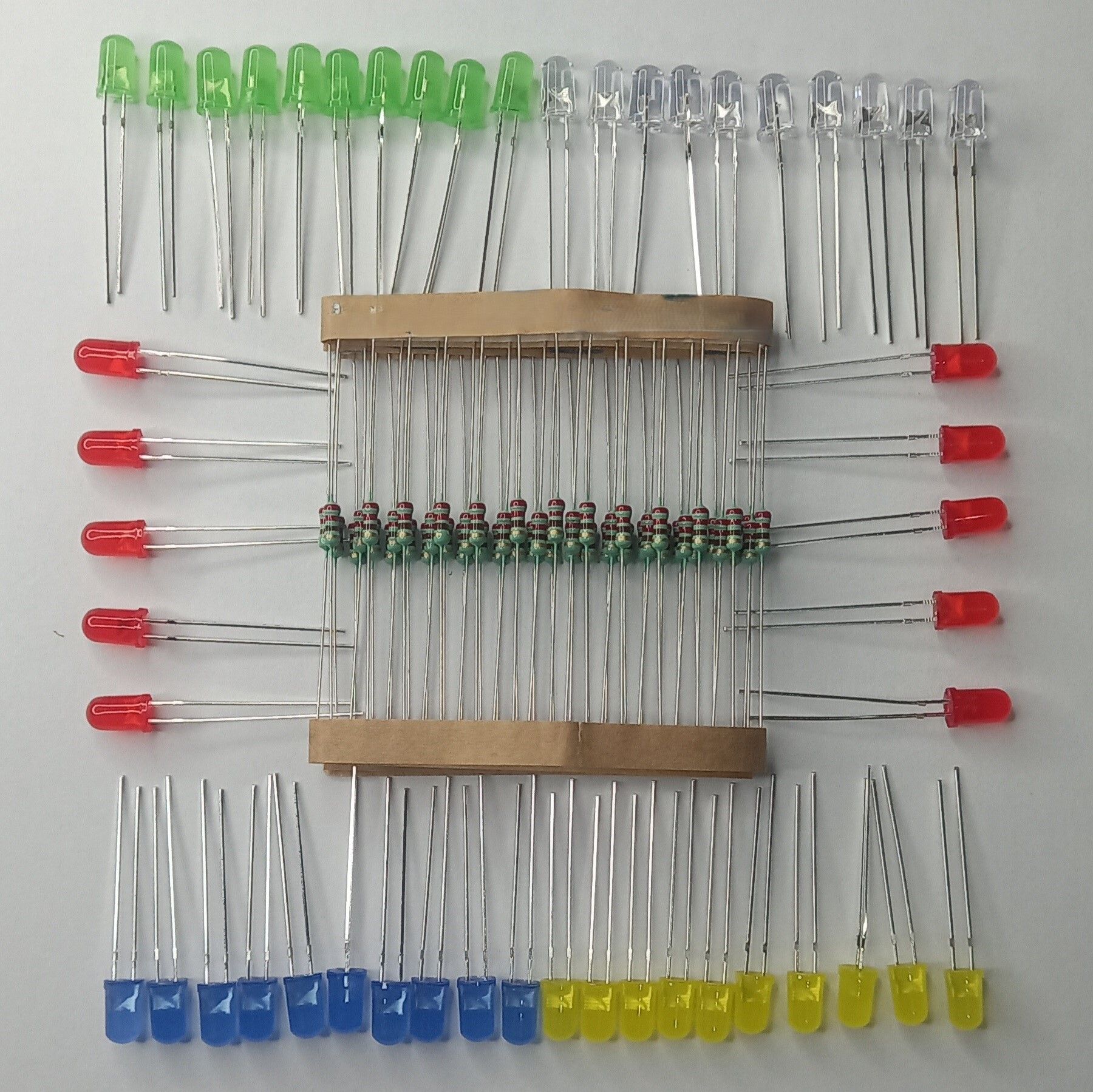 50 Pcs 5mm LED (White, Red, Blue, Yellow, Green 10 Each) 50 Pcs 220 Ohm Resistor Fixed Resistor