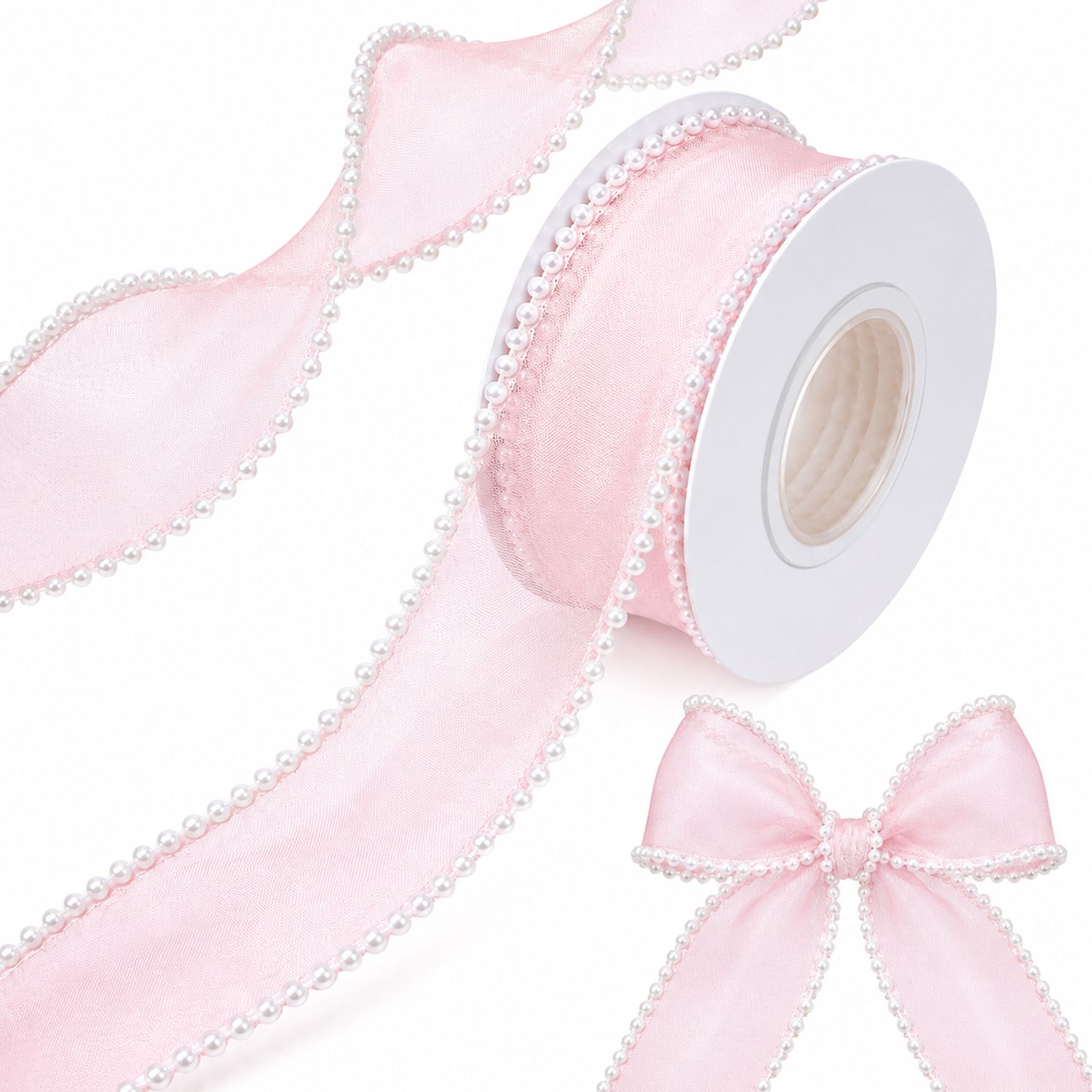 aakriti Baby Pink Pearl Organza Ribbon 1 Inch x 5 Yards for Gift Wrap, Crafts & Decor Pink Chiffon, Sheer Ribbon-picture-1