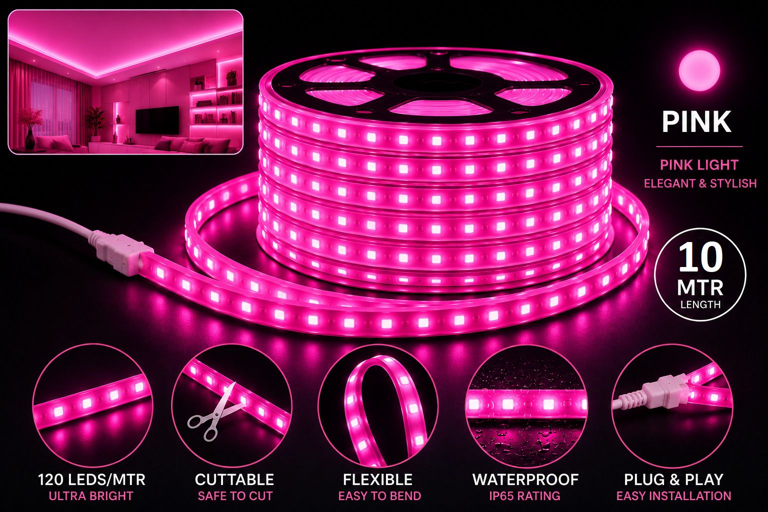 120 LEDs 10 m Pink Steady Strip Rice Lights-image-36