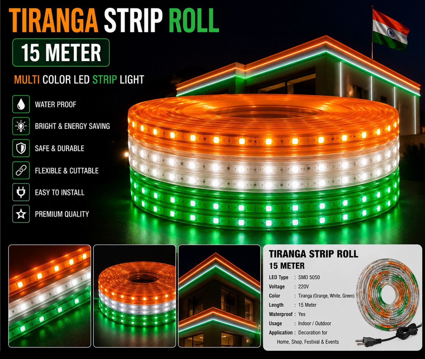 1450 LEDs 15 m Orange, White, Green Steady Strip Rice Lights-image-10