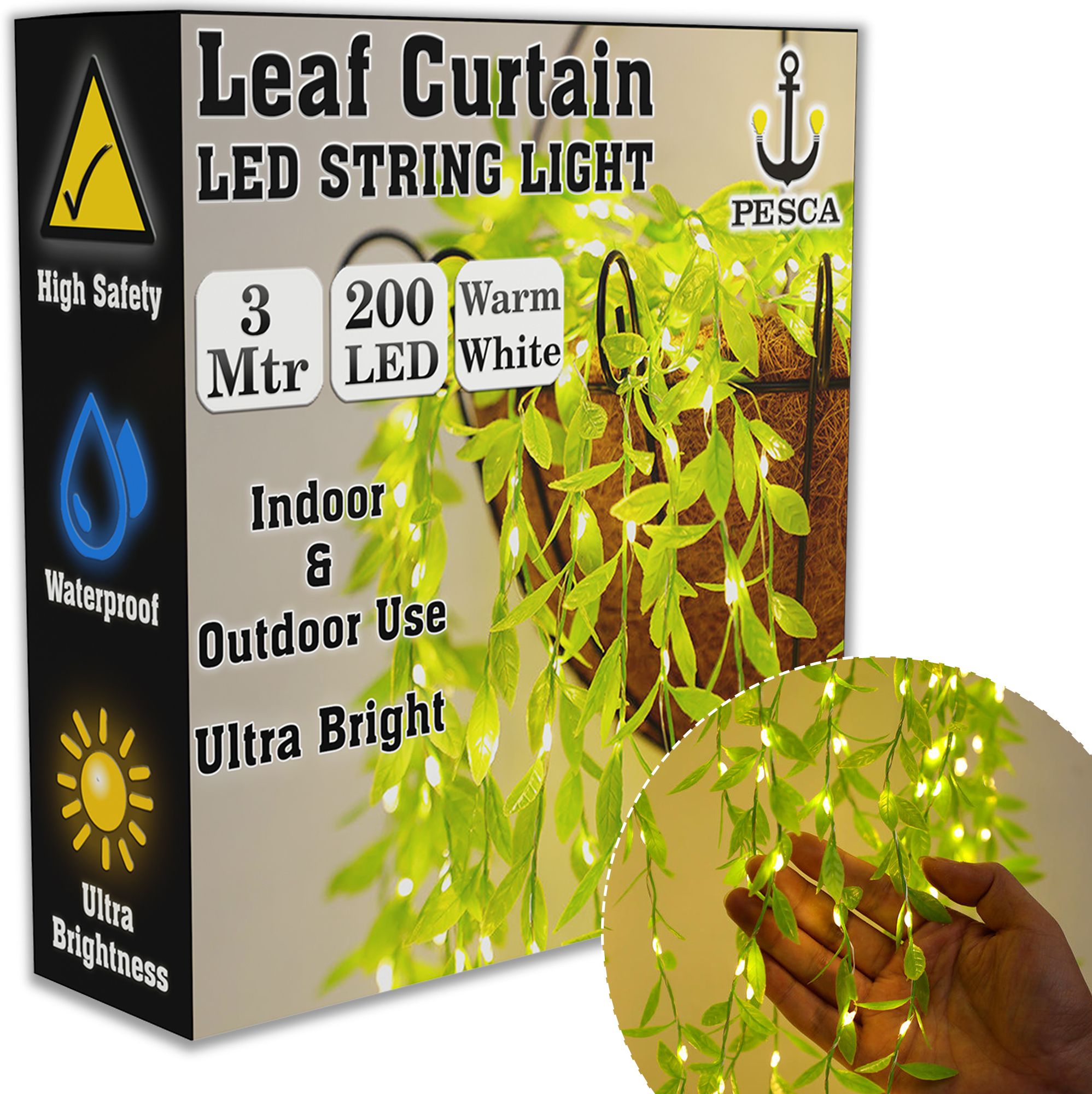 200 LEDs 3 m Yellow Steady, Flickering Leaf Rice Lights