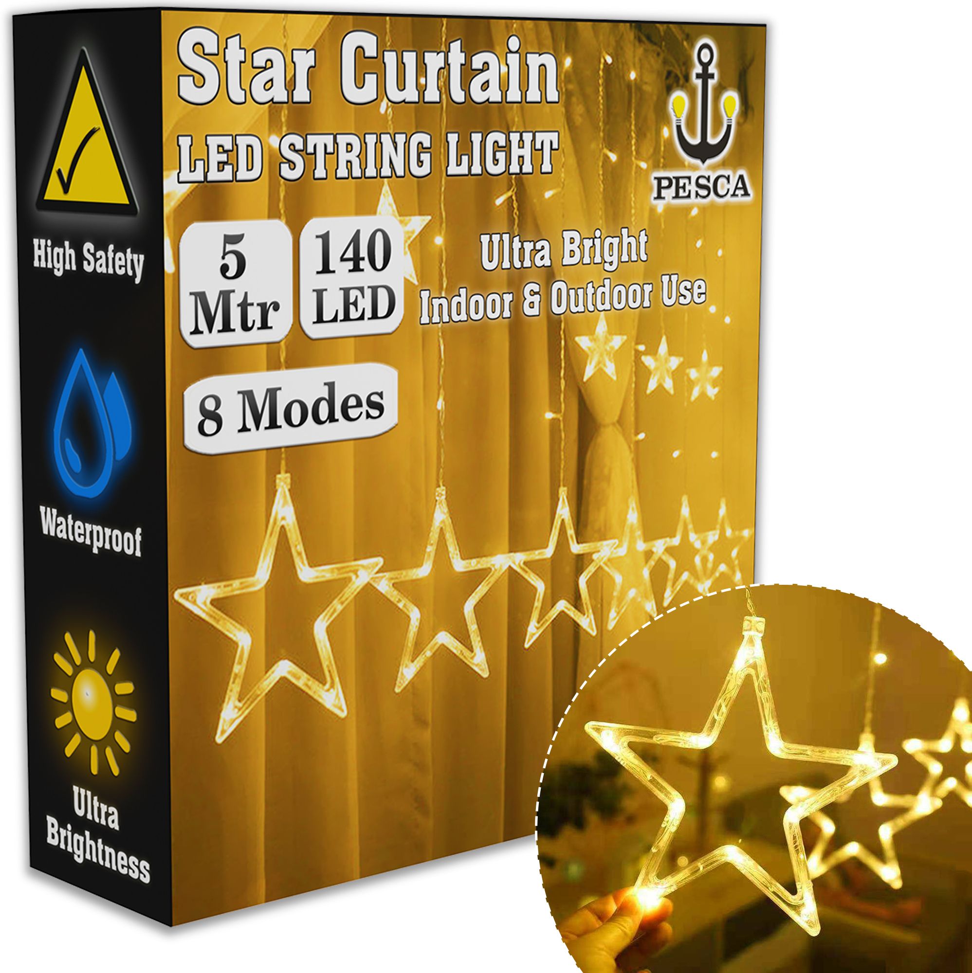 140 LEDs 5.08 m Yellow Flickering, Steady Star Rice Lights