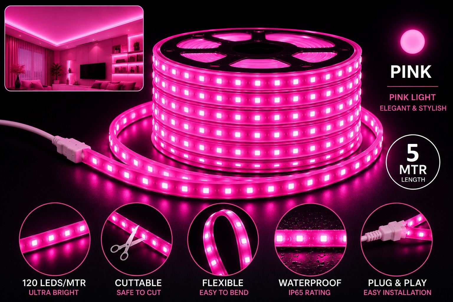 hybrix 120 LEDs 5 m Pink Steady Strip Rice Lights-picture-14