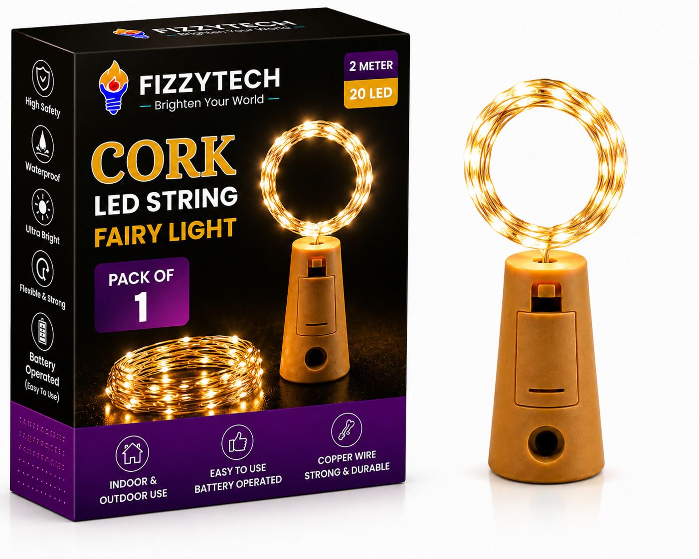 fizzytech 20 LEDs 2 m Yellow Steady, Flickering String Rice Lights-picture-12