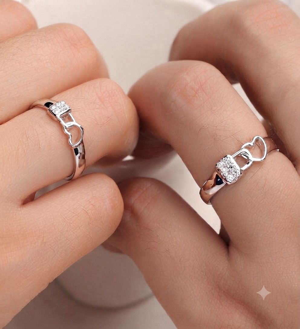 lyzoo Adjustable Silver Ring | Couple Ring| Double Ring| Combo Pack of Ring| Pack Of 2 Alloy, Stainless Steel, Silver Cubic Zirconia Silver Plated Ring Set-picture-2