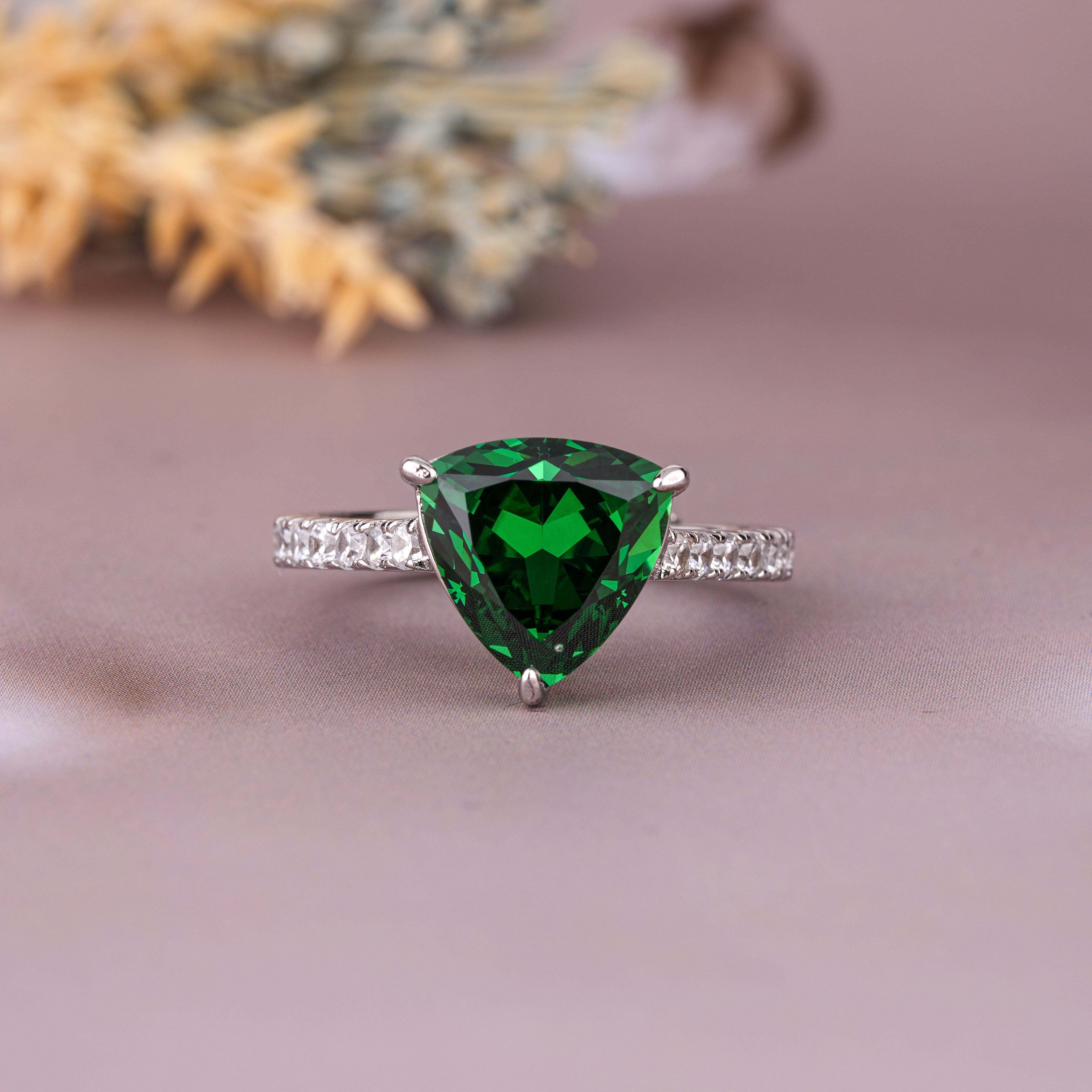 925 Sterling Silver 10mmX10mm Triangle Shaped Trillion Cut Solitaire Birthstone Sterling Silver Emerald, Cubic Zirconia Rhodium Plated Ring-image-37