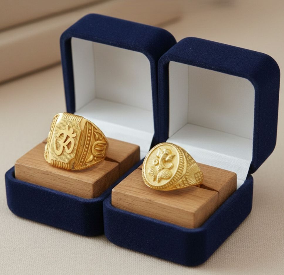 SRgreats Pack of 2 Ganpati Symbol Ring & Om Symbol Men Ring Gold Plated Ring Brass Gold Plated Ring-image-40