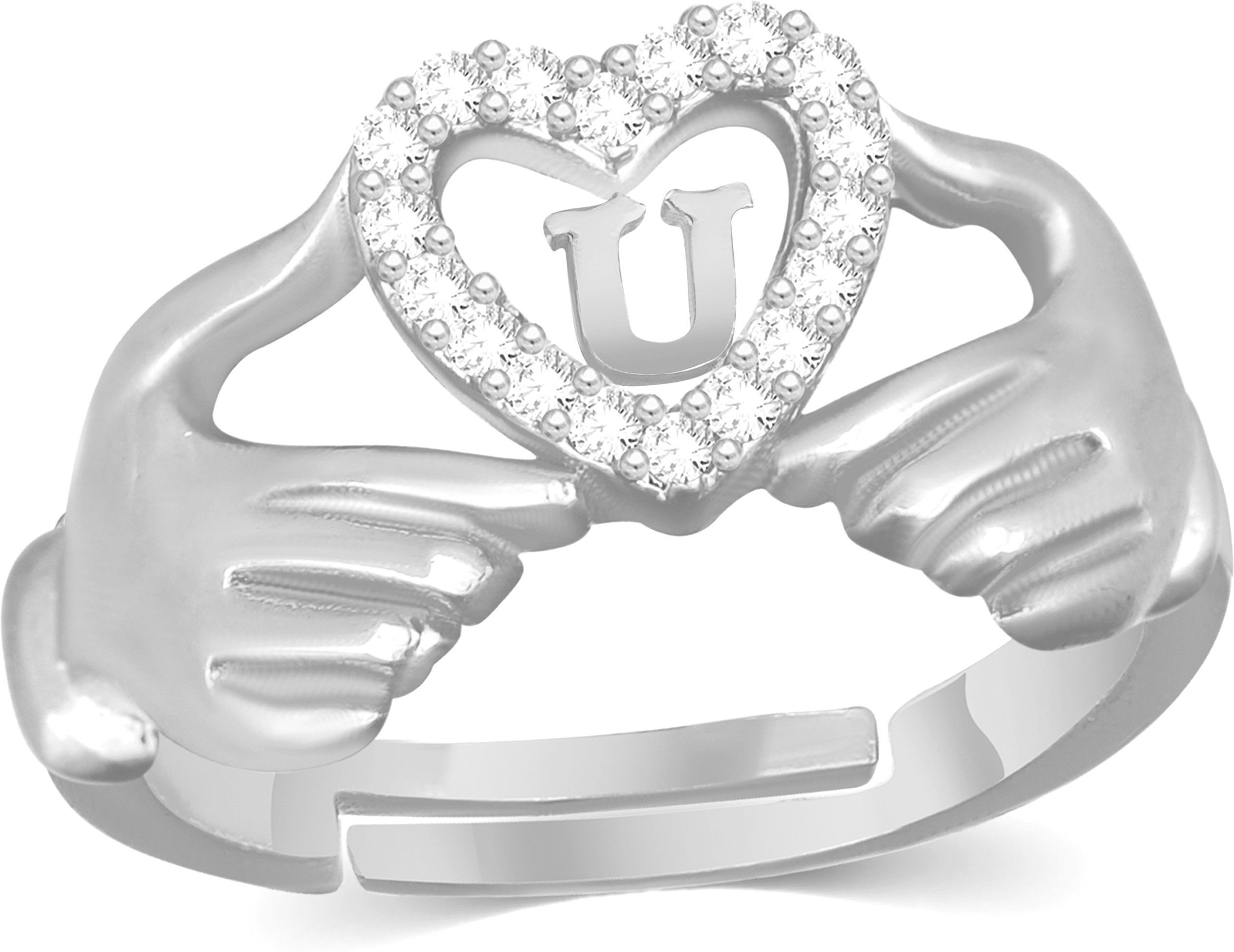 house of common Heart Name Initial letter U valentine for girls cubic zirconia Silverplated ring Brass Cubic Zirconia Silver Plated Ring-picture-51