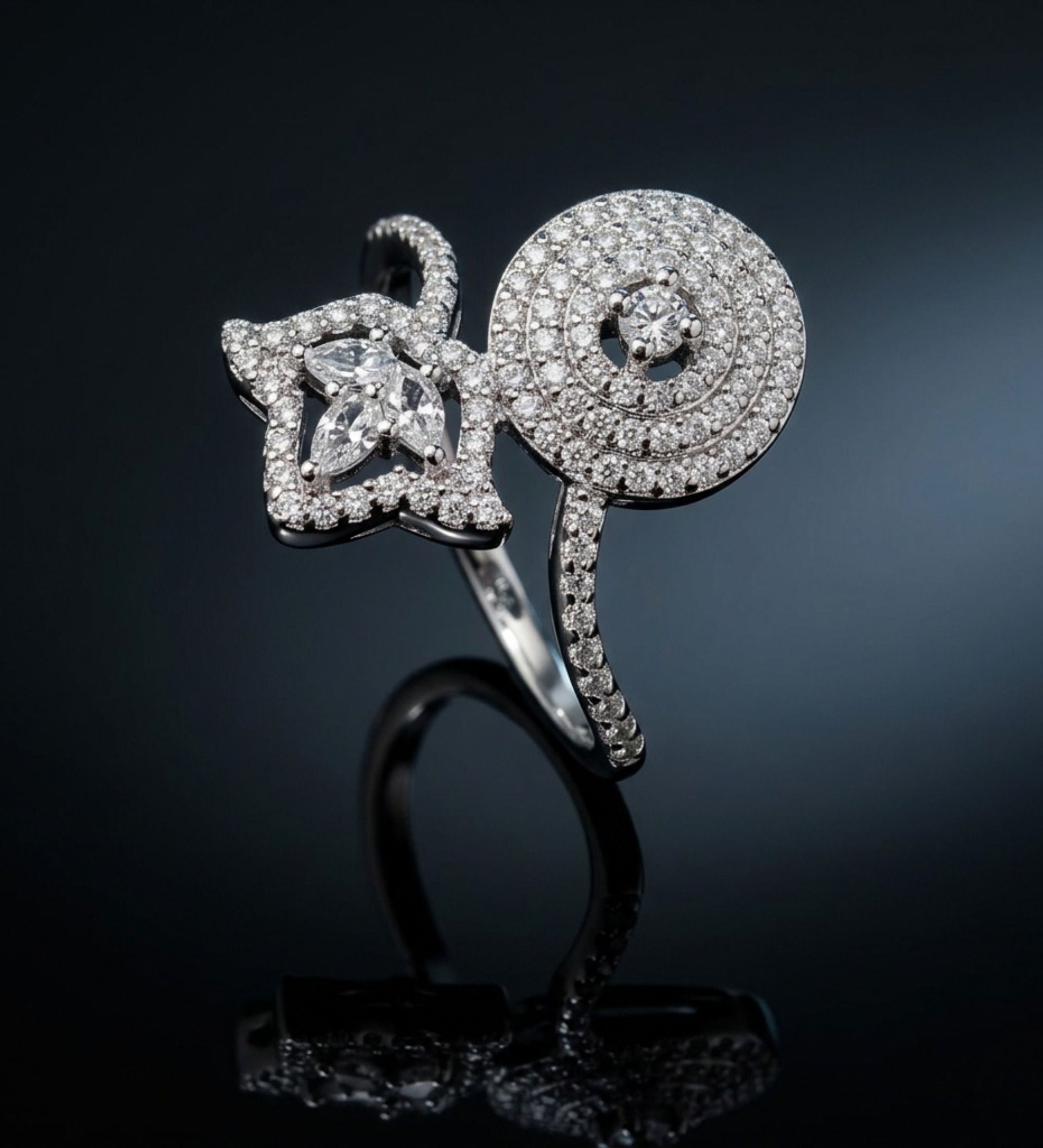 beena gems & jewellers 925 Silver Glamorous Dual Motif CZ Ring for Women Sterling Silver Cubic Zirconia Sterling Silver Plated Ring-picture-15