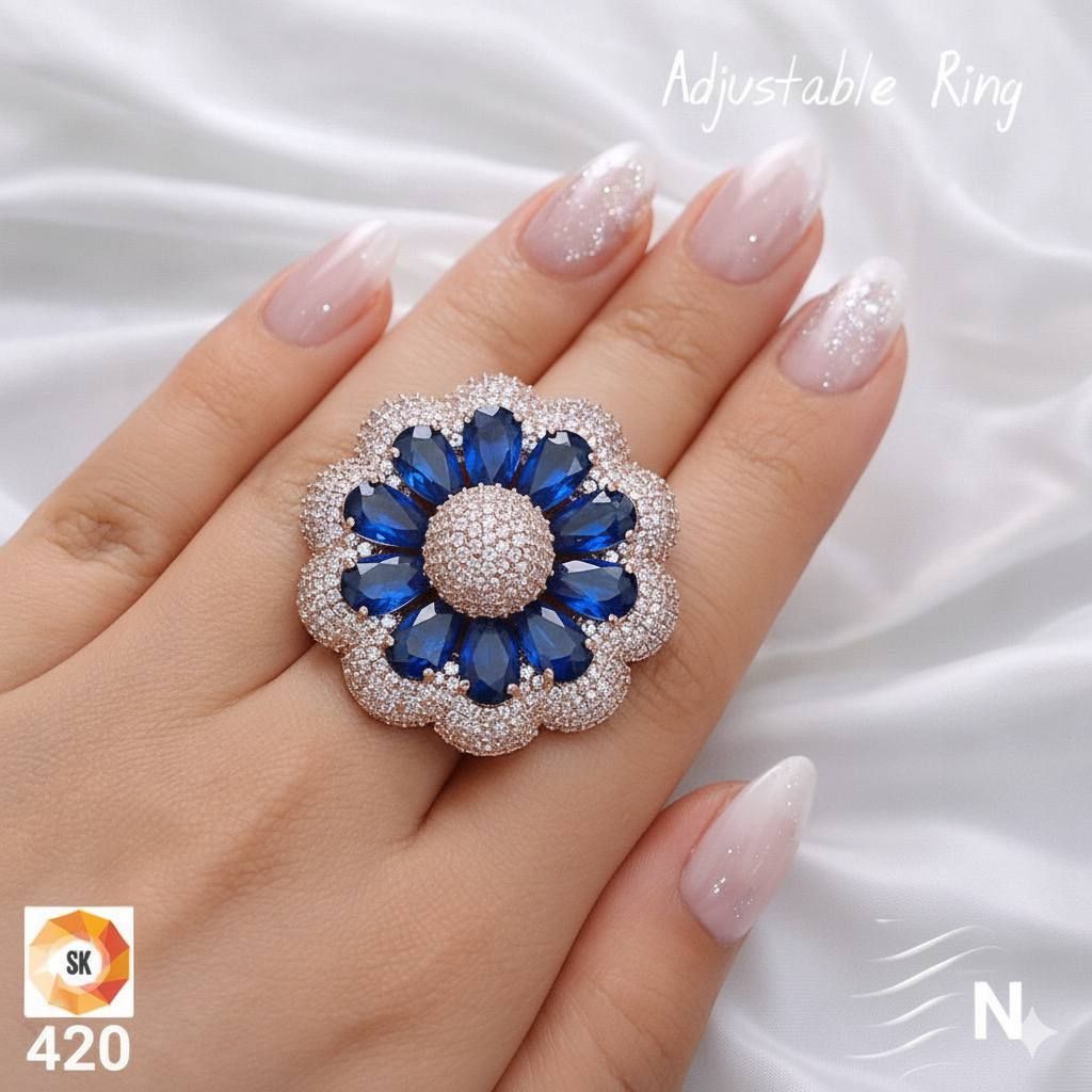 Royal Blue Floral Adjustable Statement Ring Alloy, Silver Cubic Zirconia, Sapphire Silver Plated Ring-image-29