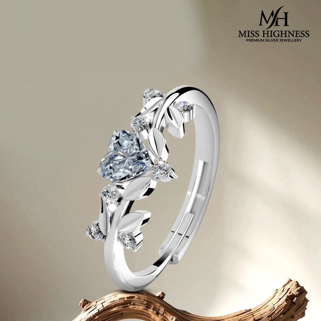 925 Silver Ring with Leaf & Heart Stone Sterling Silver Cubic Zirconia Rhodium Plated Ring-image-1