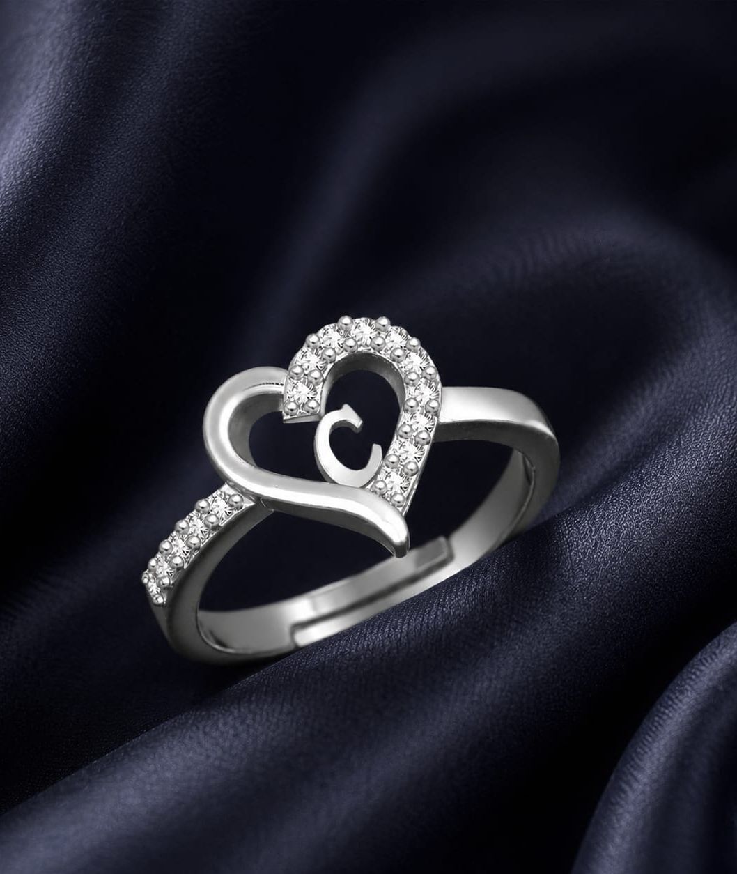 house of common Valentine Gift Initial Letter C ring for Girls stylish design Silver plated ring Brass Cubic Zirconia Silver Plated Ring-picture-36