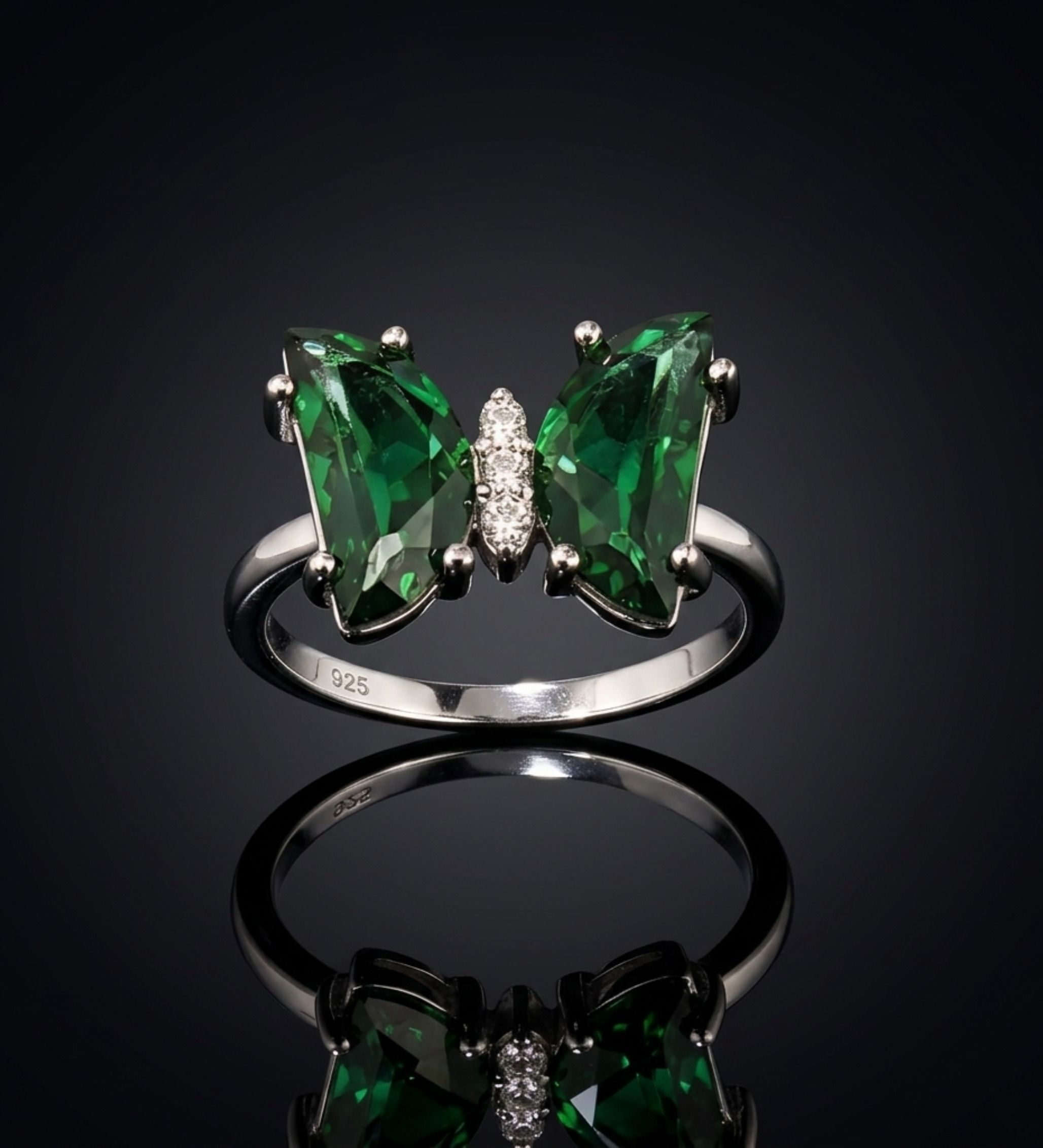 925 Sterling Silver Women's Butterfly Ring with Green Emerald Stones & Diamonds Sterling Silver Emerald, Cubic Zirconia Sterling Silver Plated Ring-image-30